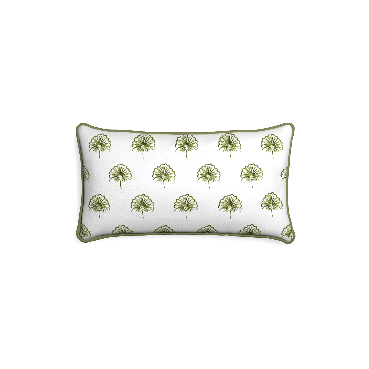 Petite-lumbar penelope moss custom green floralpillow with moss piping on white background