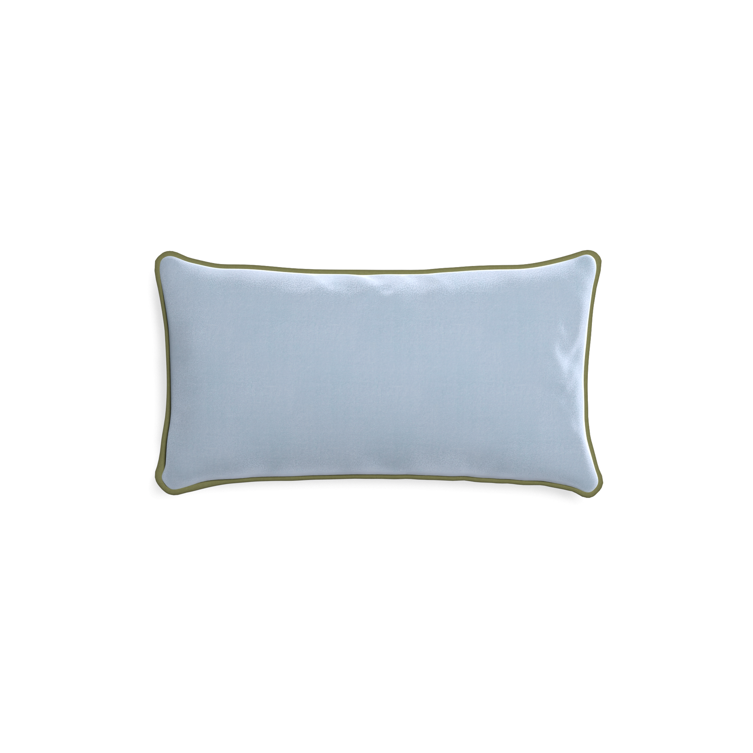 rectangle light blue velvet pillow with moss green piping