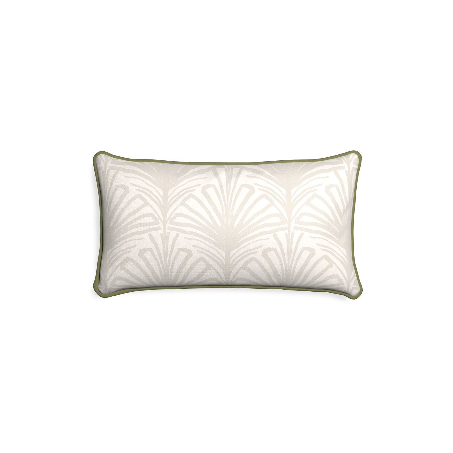 Petite-lumbar suzy sand custom beige palmpillow with moss piping on white background