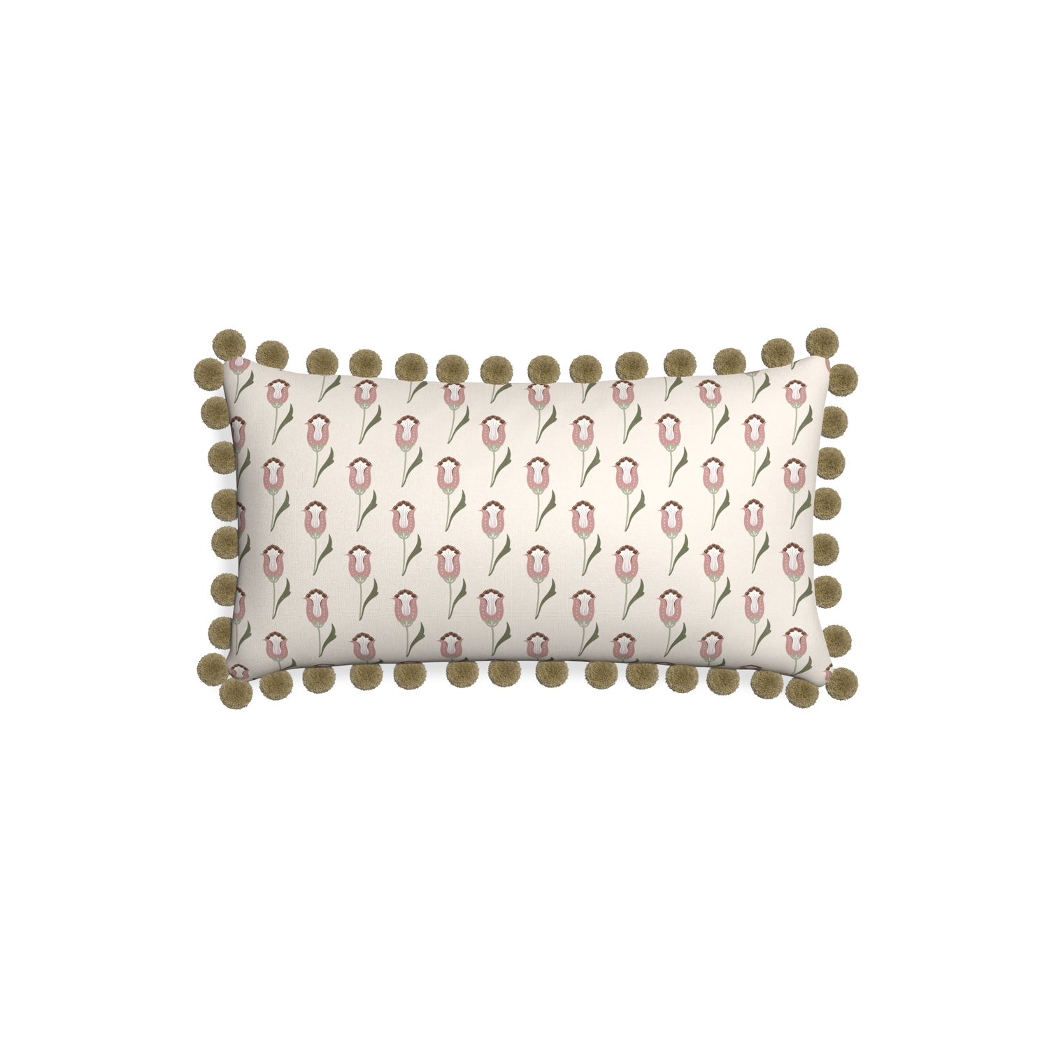 Petite-lumbar annabelle orchid custom pink tulippillow with olive pom pom on white background