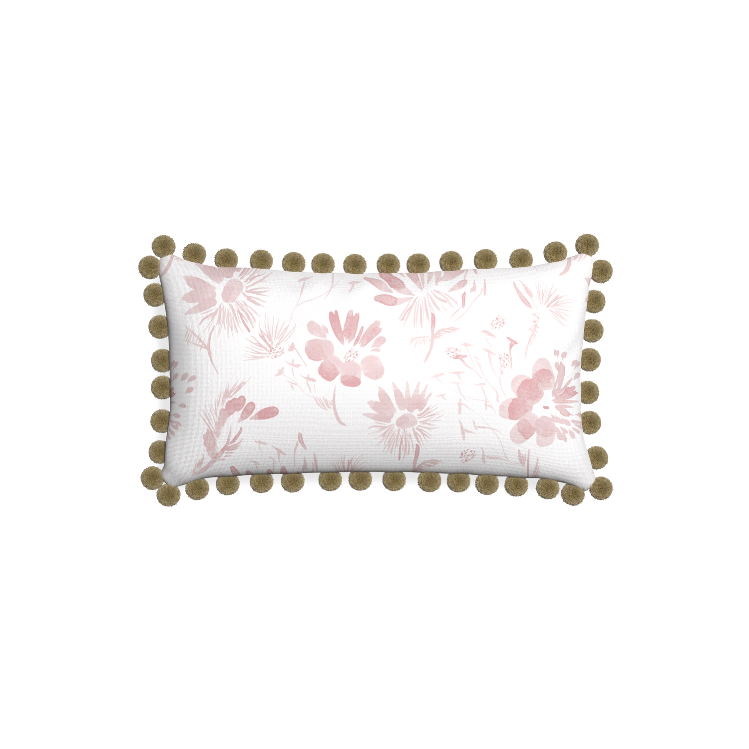 Petite-lumbar blake custom pink floralpillow with olive pom pom on white background