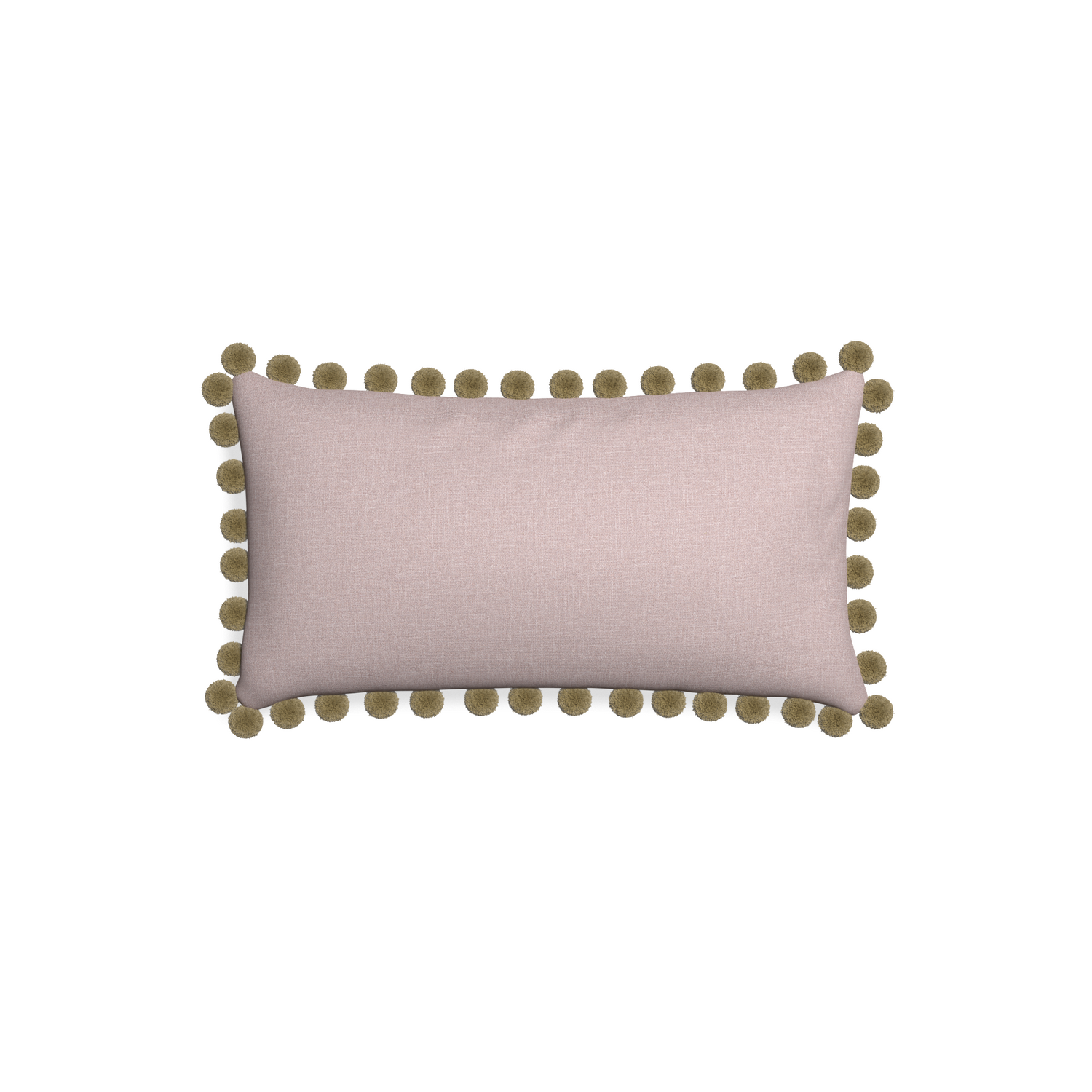 Petite-lumbar orchid custom mauve pinkpillow with olive pom pom on white background