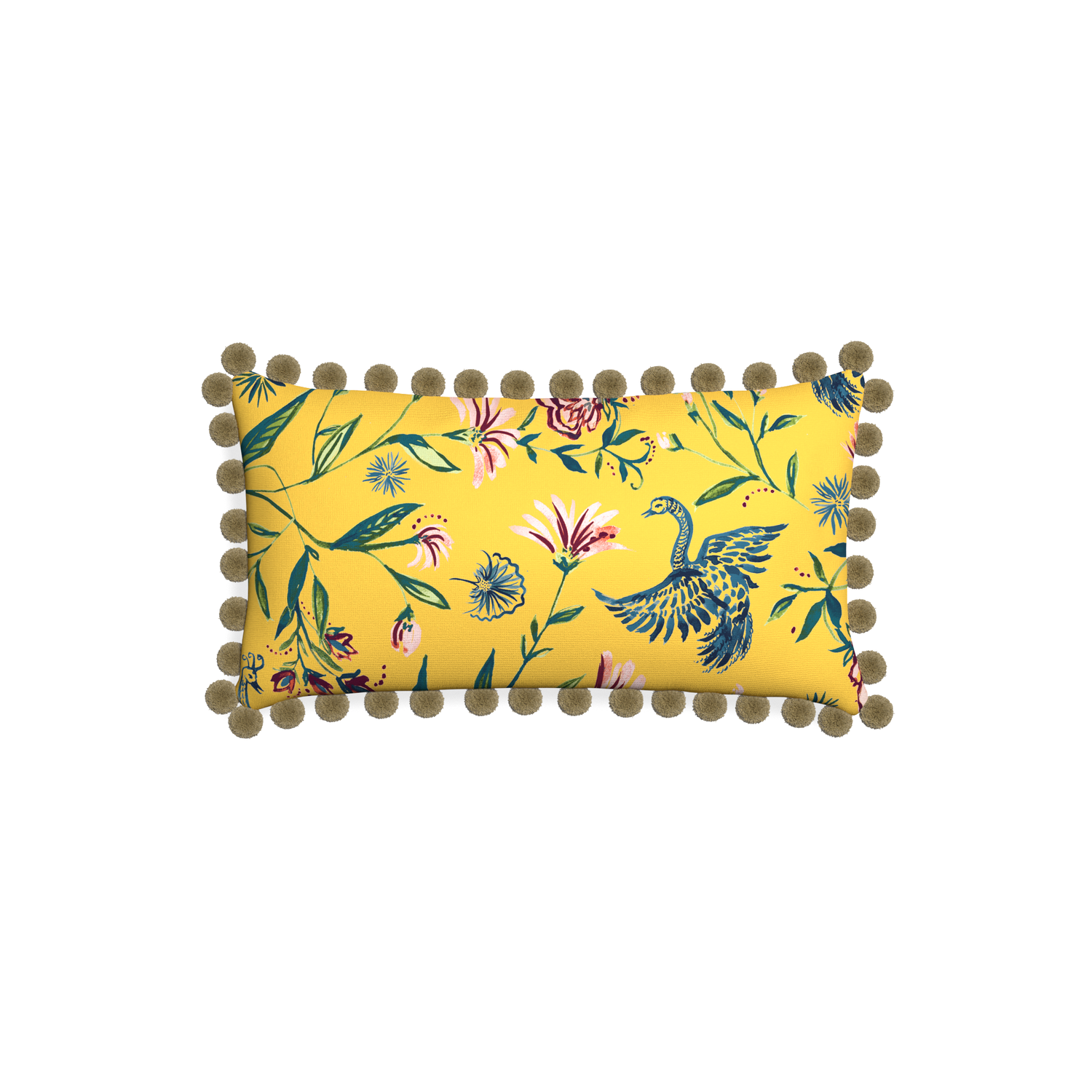 Petite-lumbar daphne canary custom yellow chinoiseriepillow with olive pom pom on white background