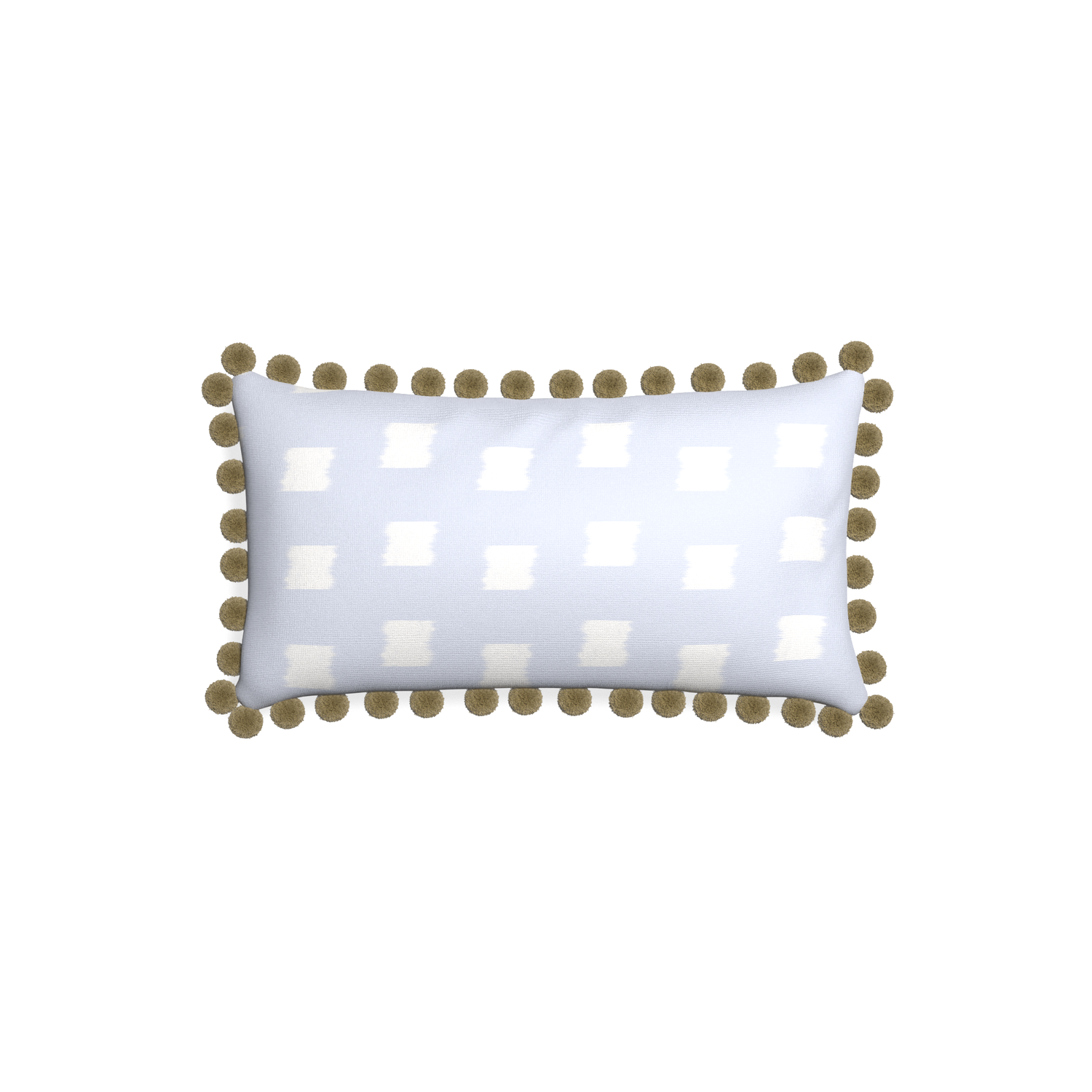 Petite-lumbar denton custom sky blue patternpillow with olive pom pom on white background