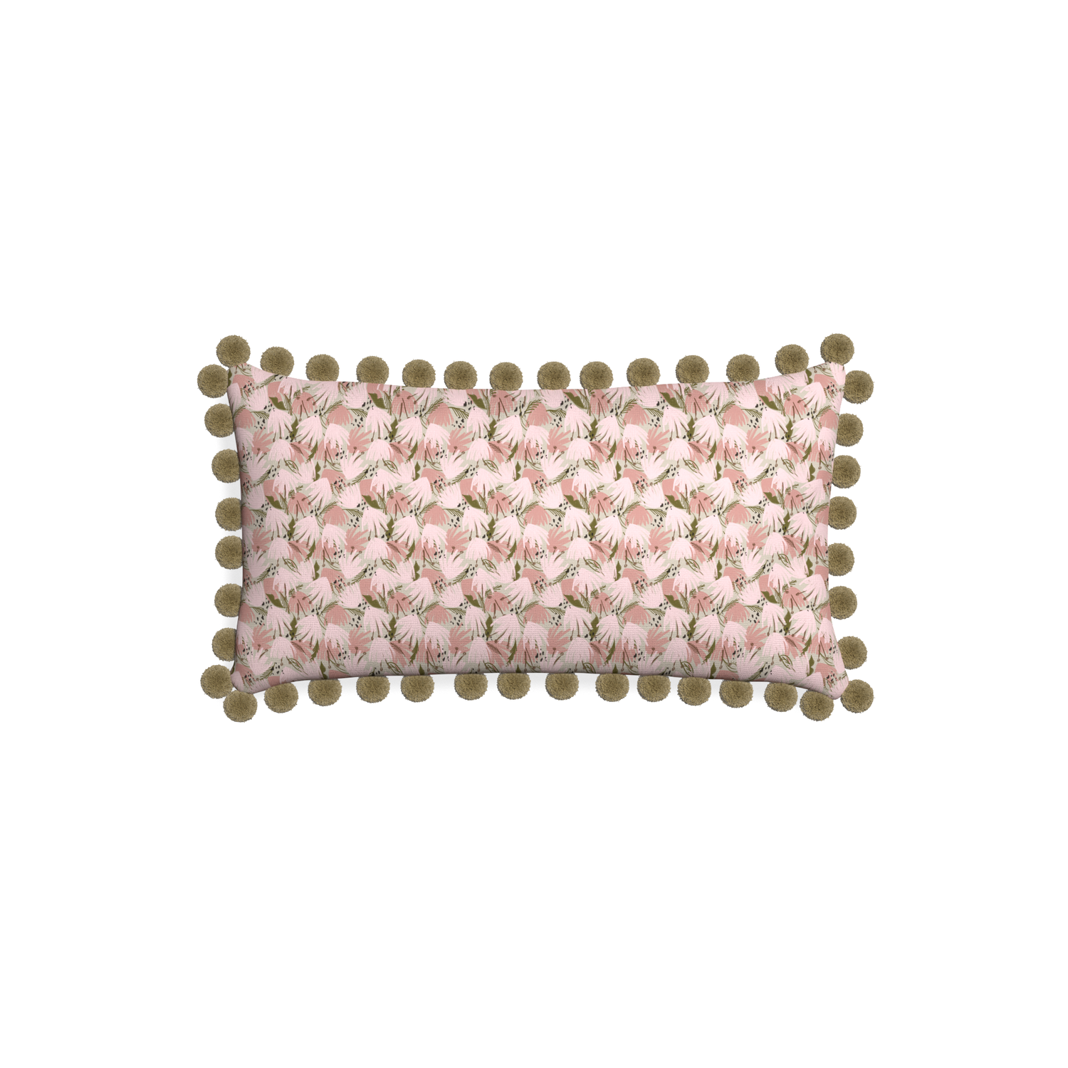 Petite-lumbar eden pink custom pink floralpillow with olive pom pom on white background