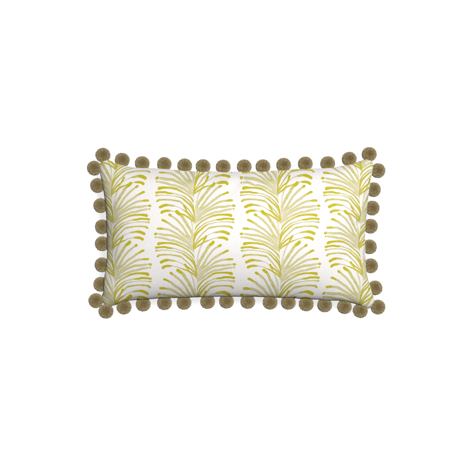 Petite-lumbar emma chartreuse custom yellow stripe chartreusepillow with olive pom pom on white background