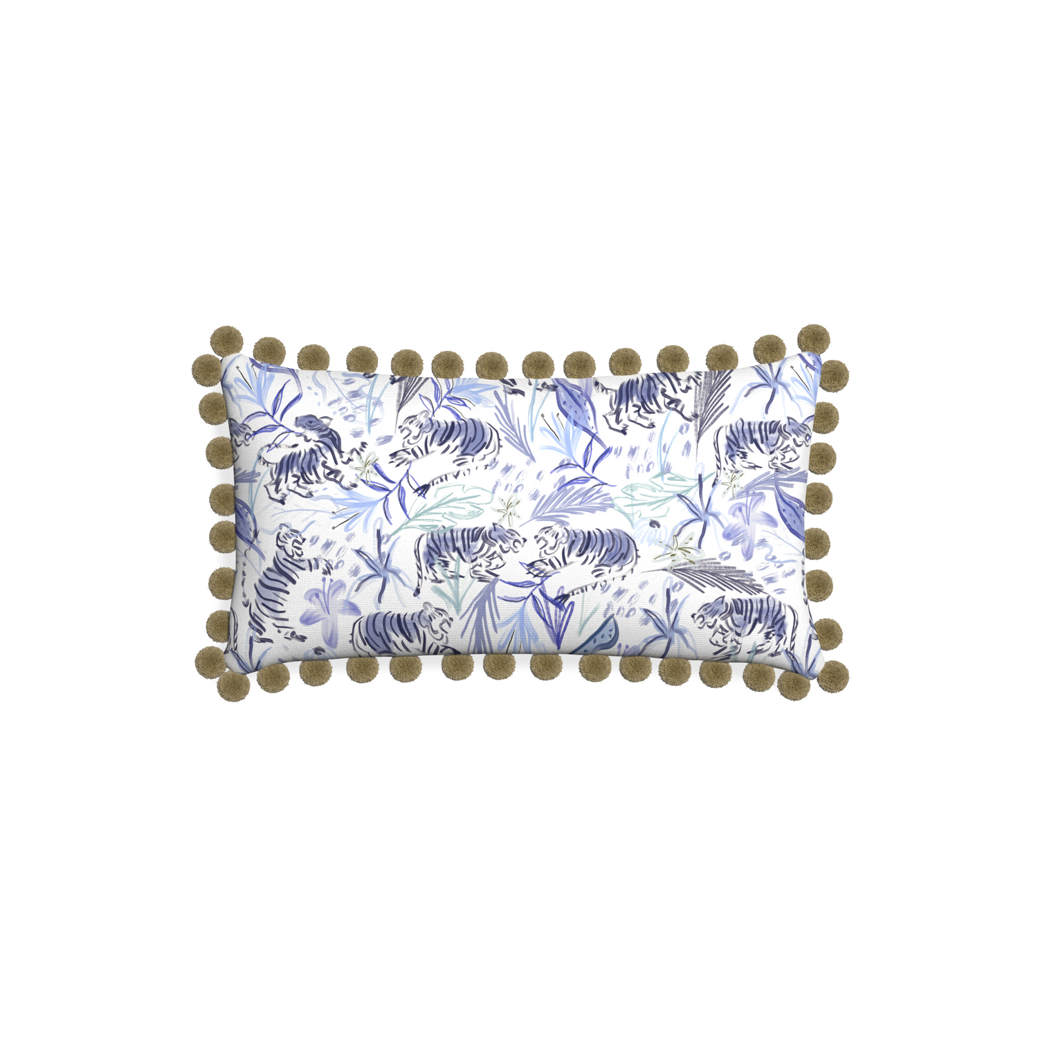 Petite-lumbar frida blue custom blue with intricate tiger designpillow with olive pom pom on white background