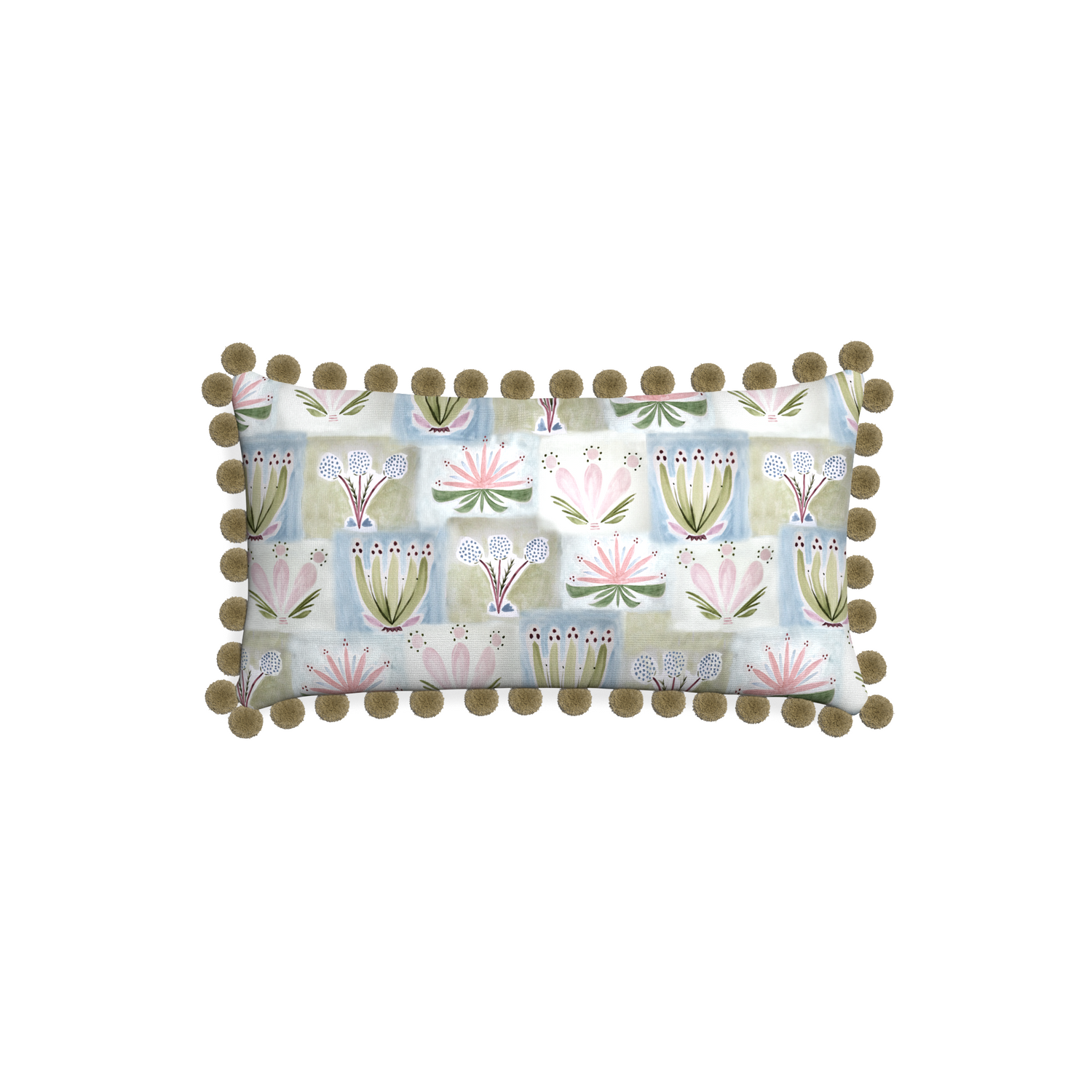 Petite-lumbar harper custom hand-painted floralpillow with olive pom pom on white background
