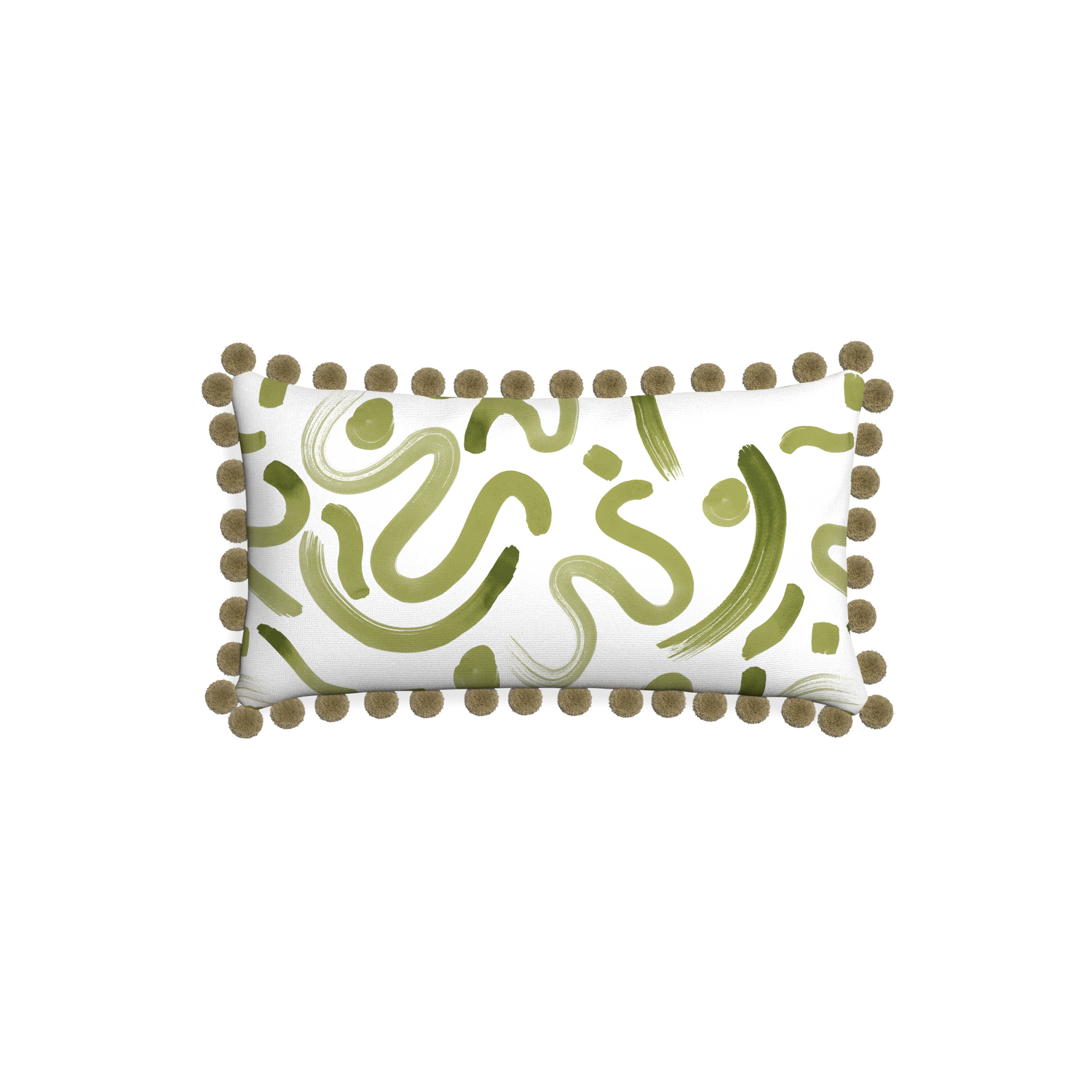 Petite-lumbar hockney moss custom moss greenpillow with olive pom pom on white background