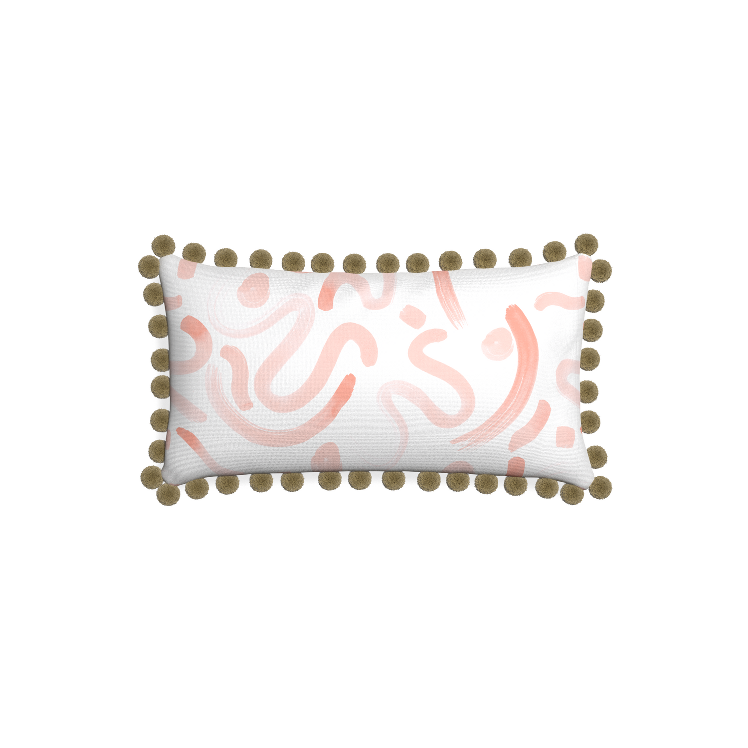 Petite-lumbar hockney pink custom pink graphicpillow with olive pom pom on white background