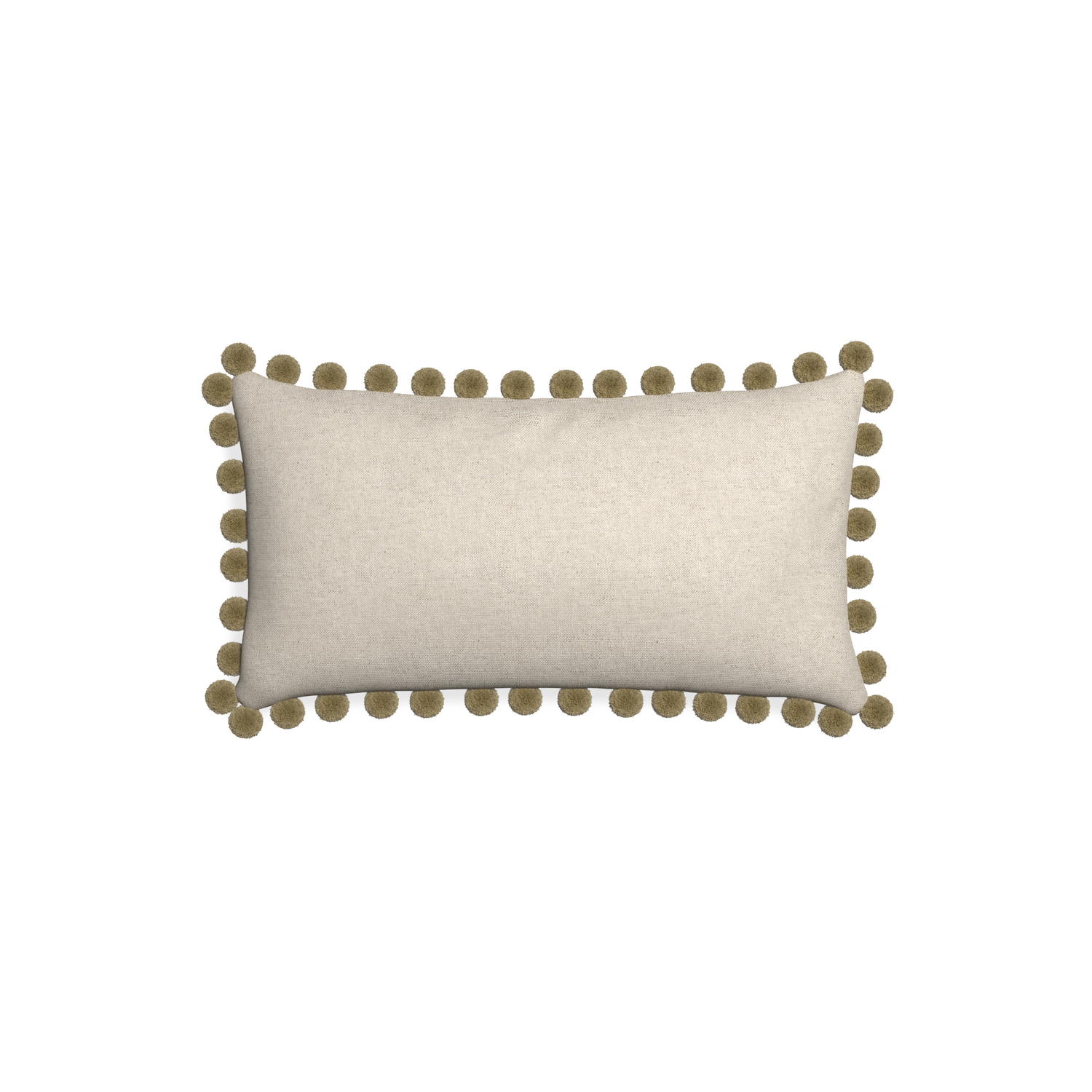 Petite-lumbar oat custom light brownpillow with olive pom pom on white background