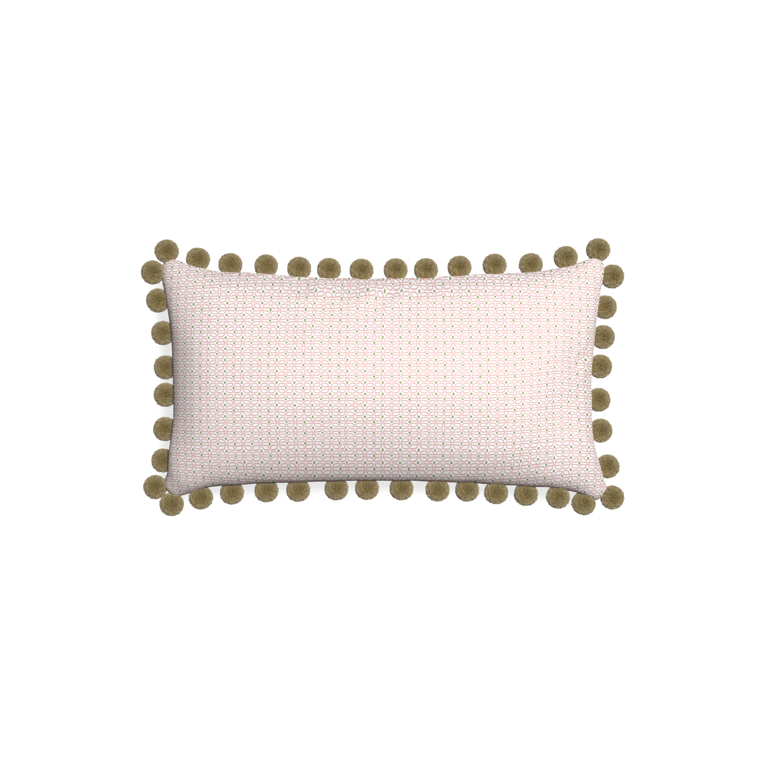 Petite-lumbar loomi pink custom pink geometricpillow with olive pom pom on white background