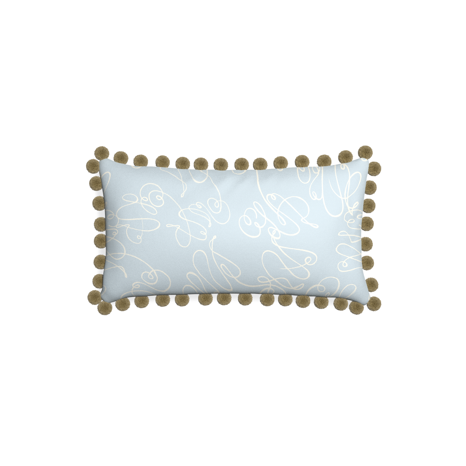 Petite-lumbar mirabella custom powder blue abstractpillow with olive pom pom on white background