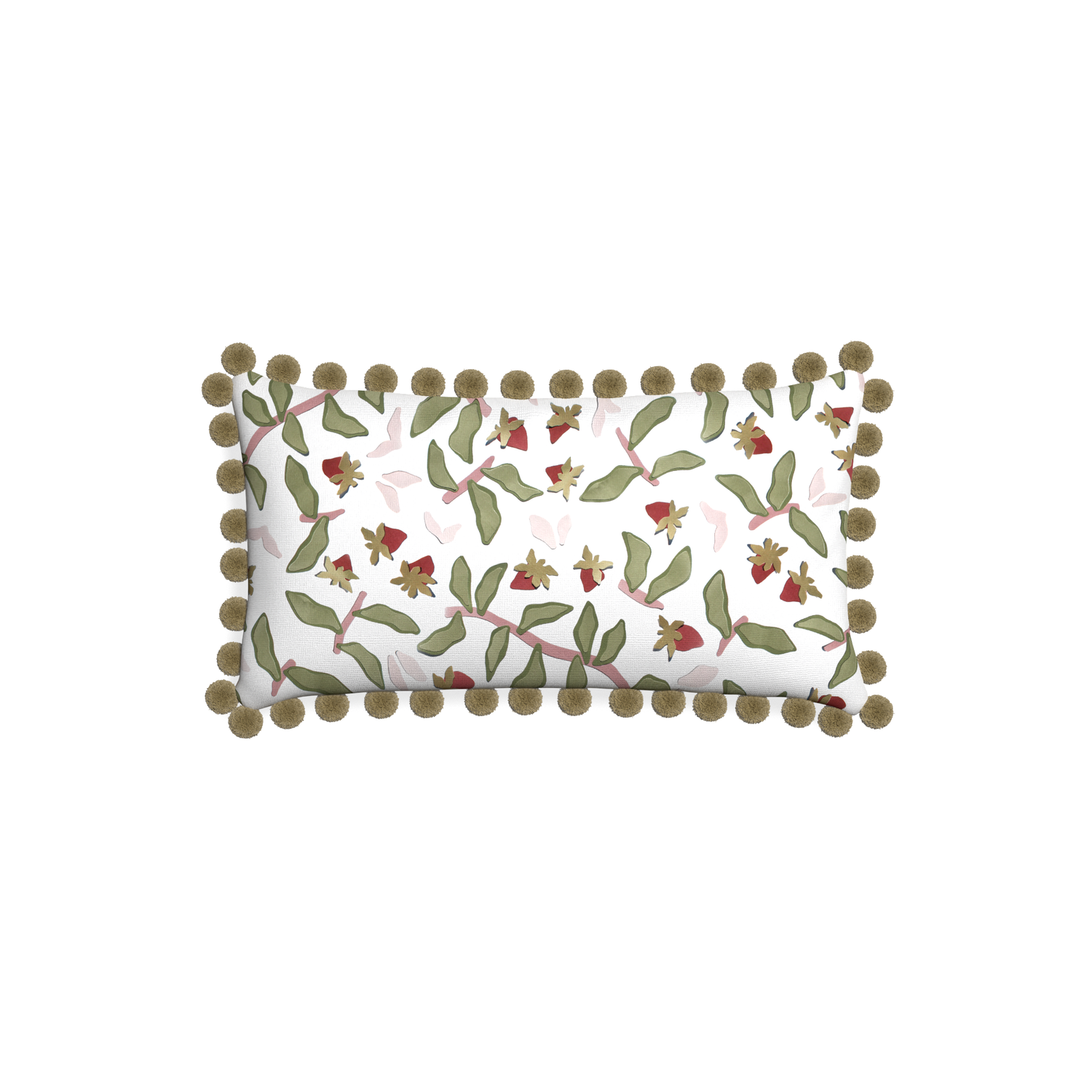 Petite-lumbar nellie custom strawberry & botanicalpillow with olive pom pom on white background