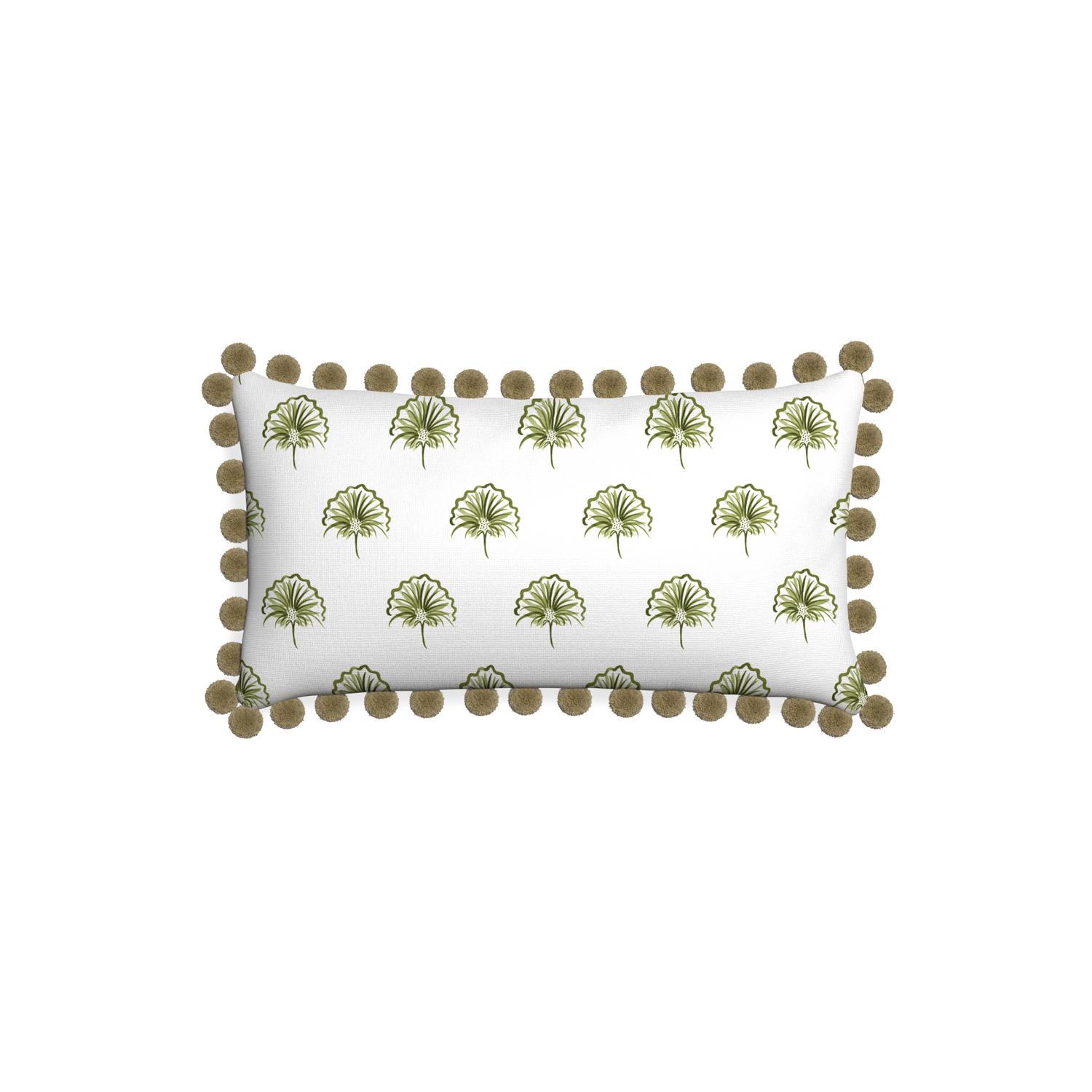 Petite-lumbar penelope moss custom green floralpillow with olive pom pom on white background