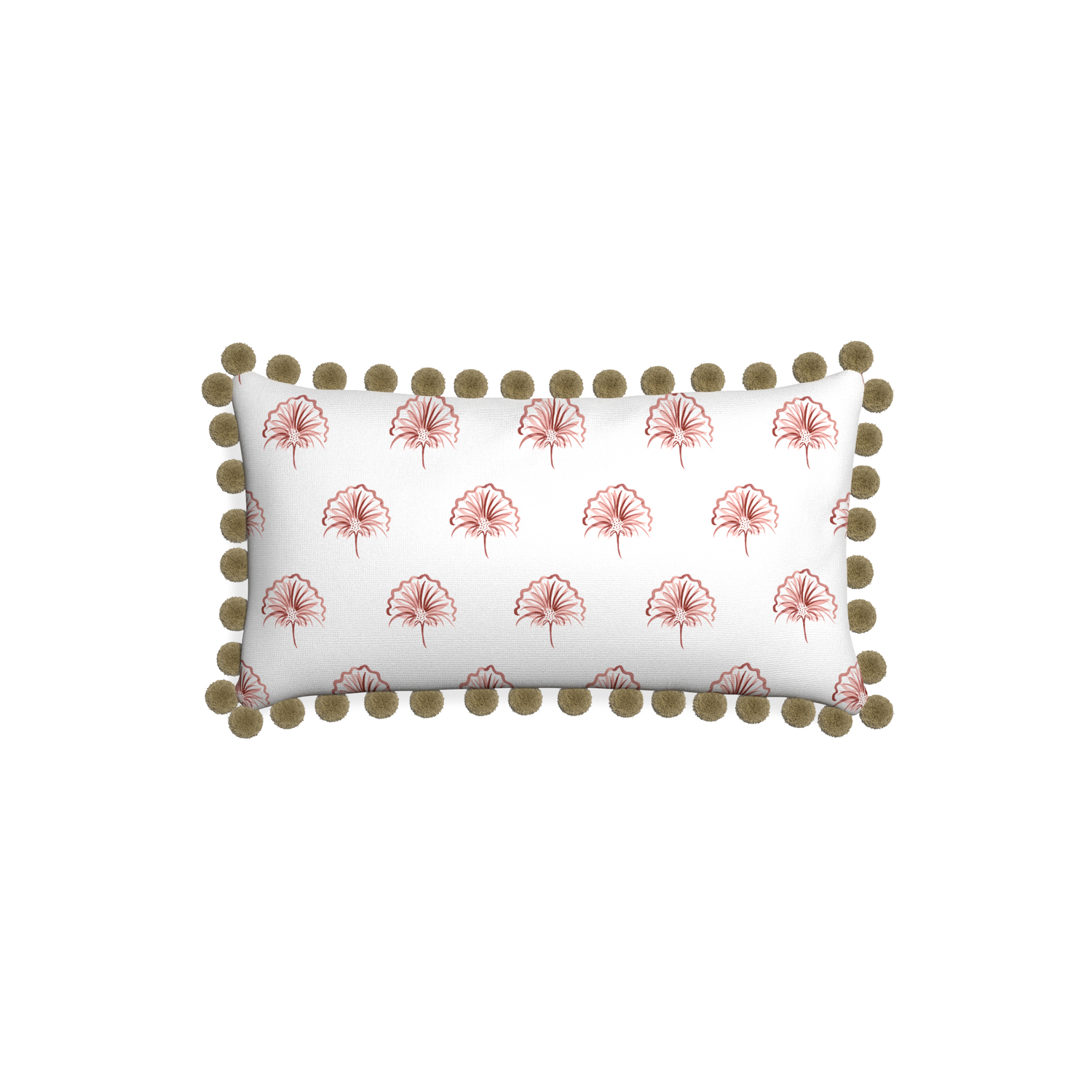 Petite-lumbar penelope rose custom floral pinkpillow with olive pom pom on white background