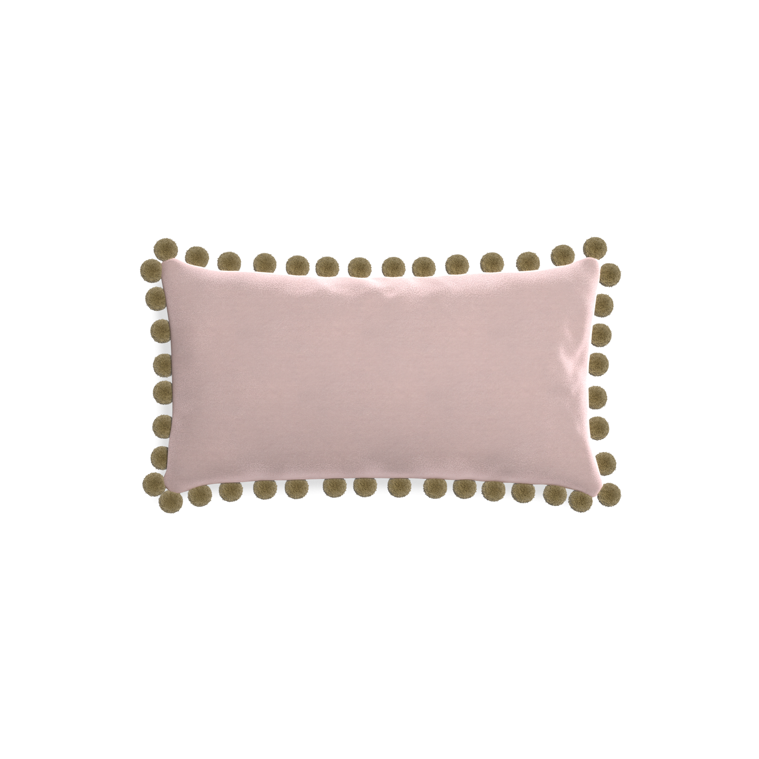 rectangle light pink velvet pillow with olive green pom poms 