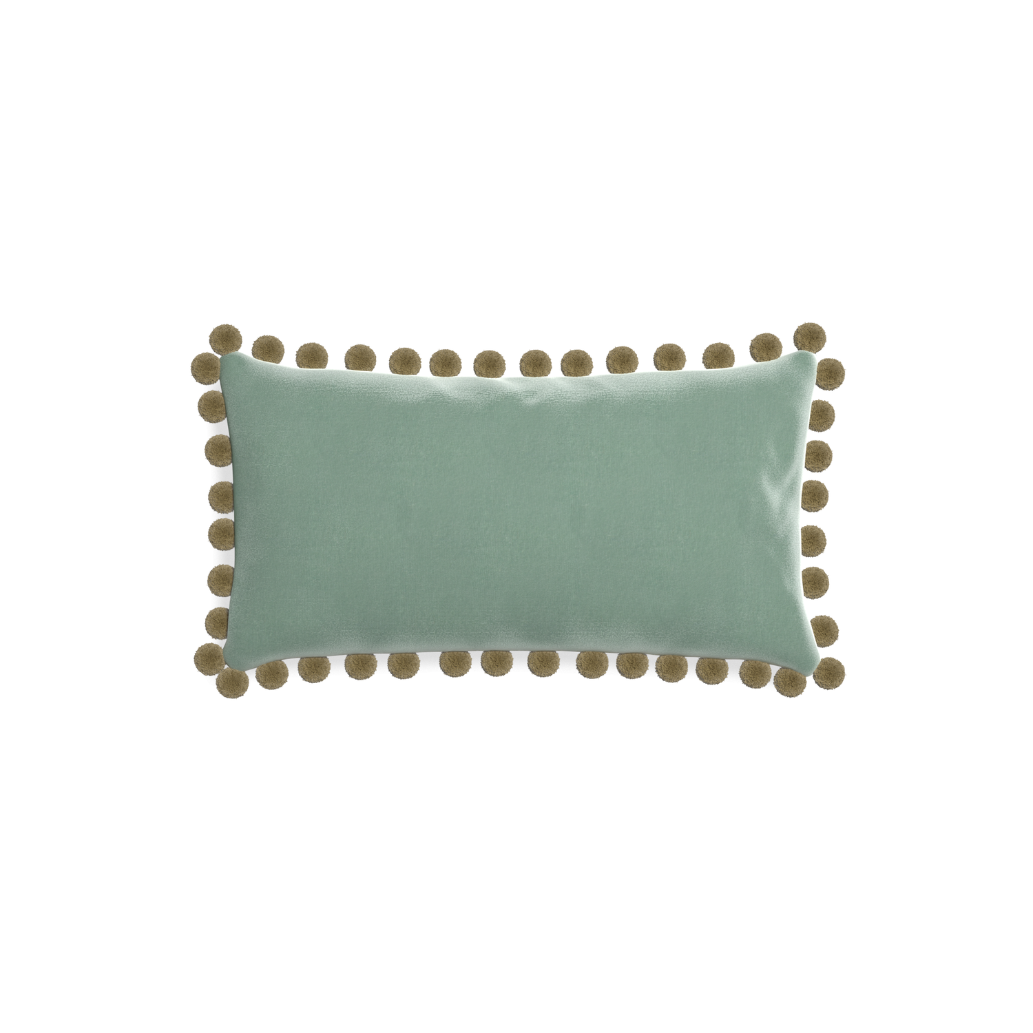 rectangle blue green velvet pillow with olive green pom poms