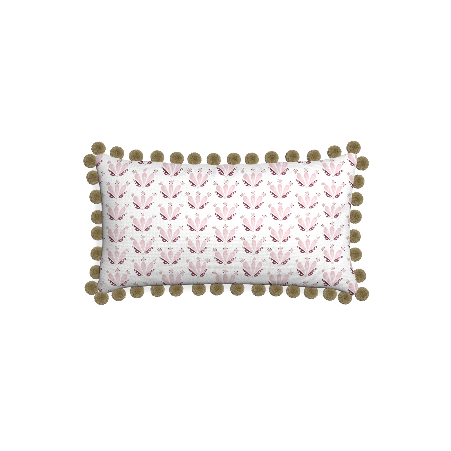 Petite-lumbar serena pink custom pink & burgundy drop repeat floralpillow with olive pom pom on white background