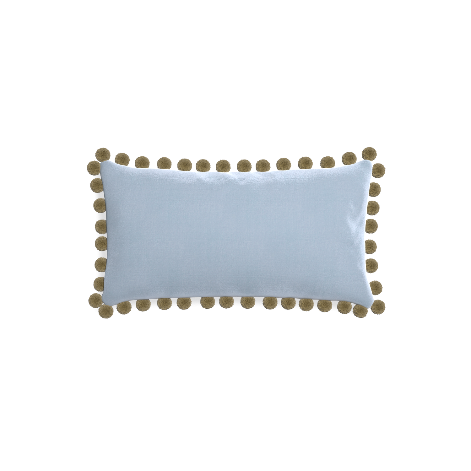 rectangle light blue velvet pillow with olive green pom poms 