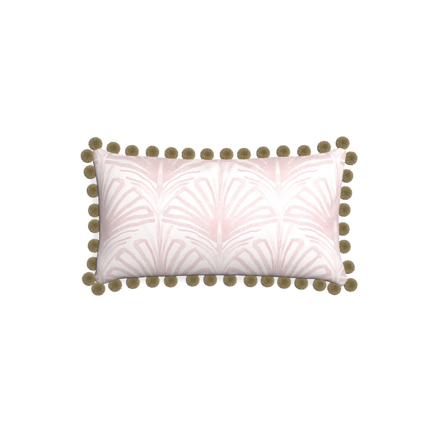 Petite-lumbar suzy rose custom rose pink palmpillow with olive pom pom on white background