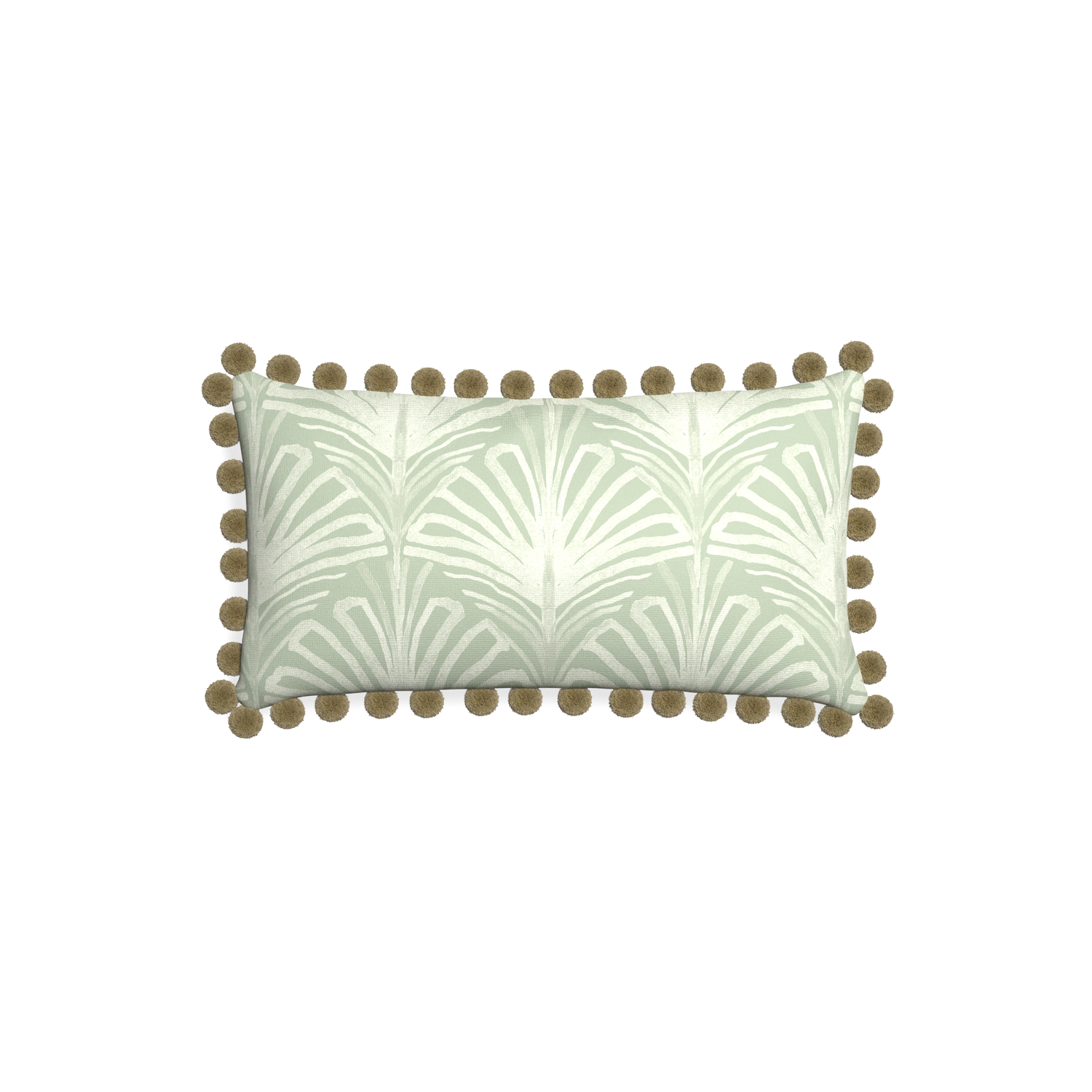 Petite-lumbar suzy sage custom sage green palmpillow with olive pom pom on white background