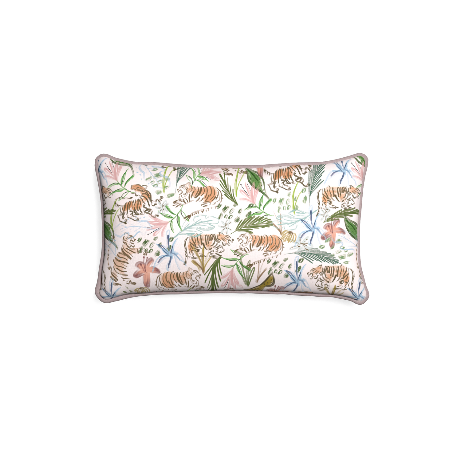 Petite-lumbar frida pink custom pink chinoiserie tigerpillow with orchid piping on white background