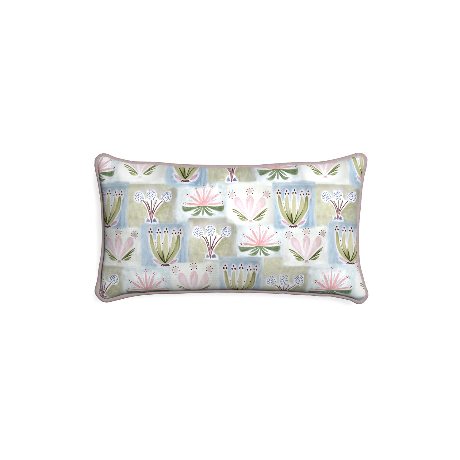 hand painted floral lumbar pillow with pale pink piping 