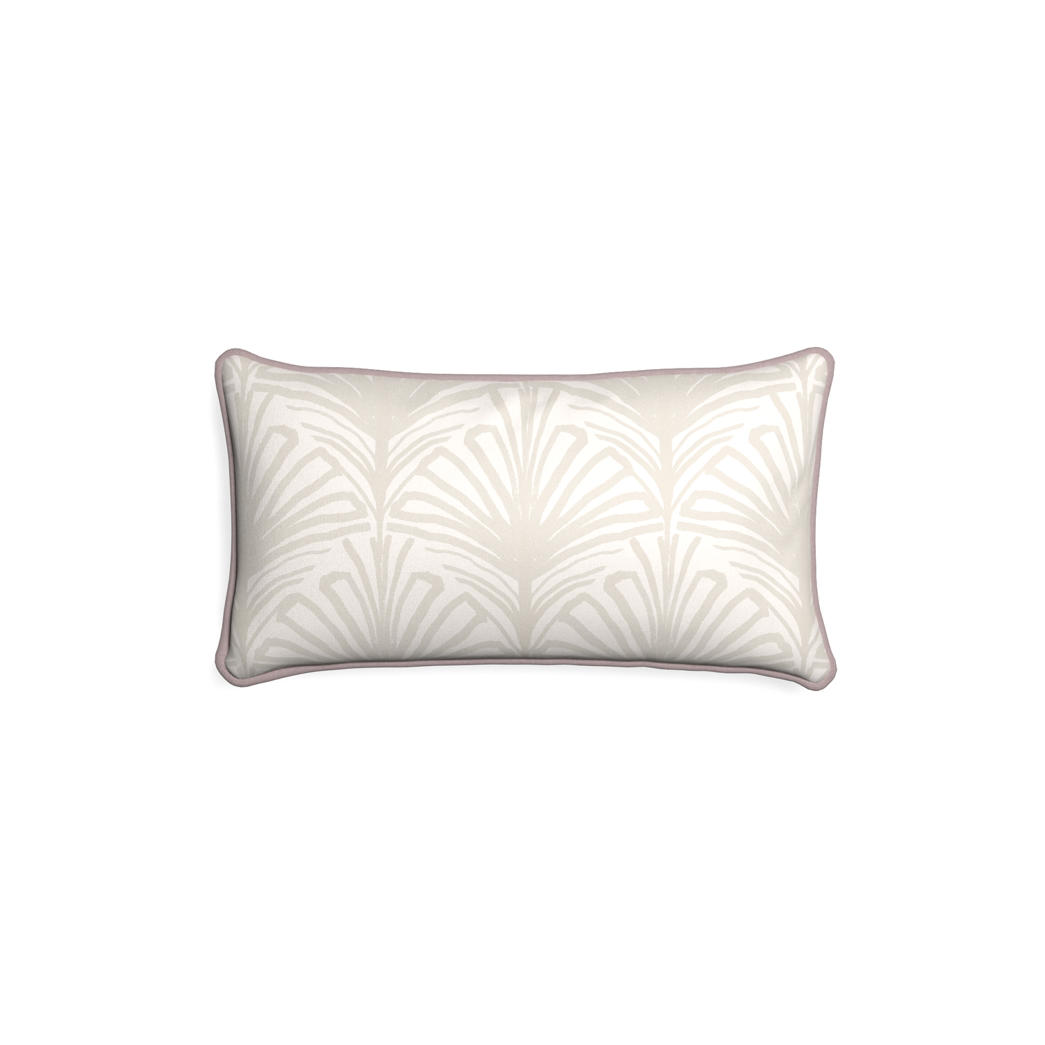 Petite-lumbar suzy sand custom beige palmpillow with orchid piping on white background