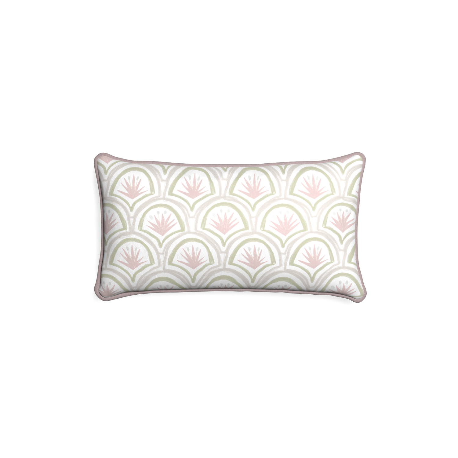 pink and green art deco palm lumbar pillow with pale pink piping