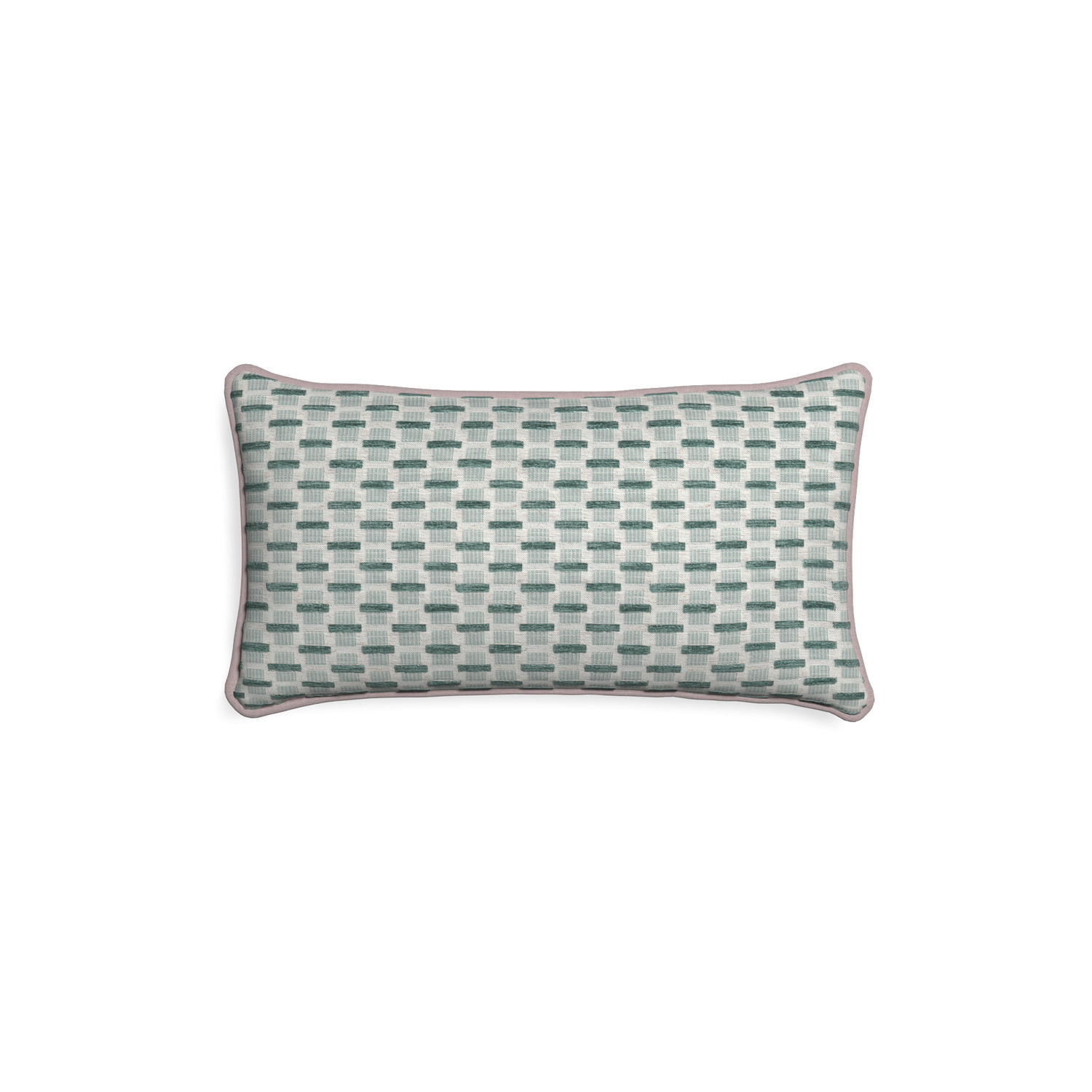 Petite-lumbar willow mint custom green geometric chenillepillow with orchid piping on white background