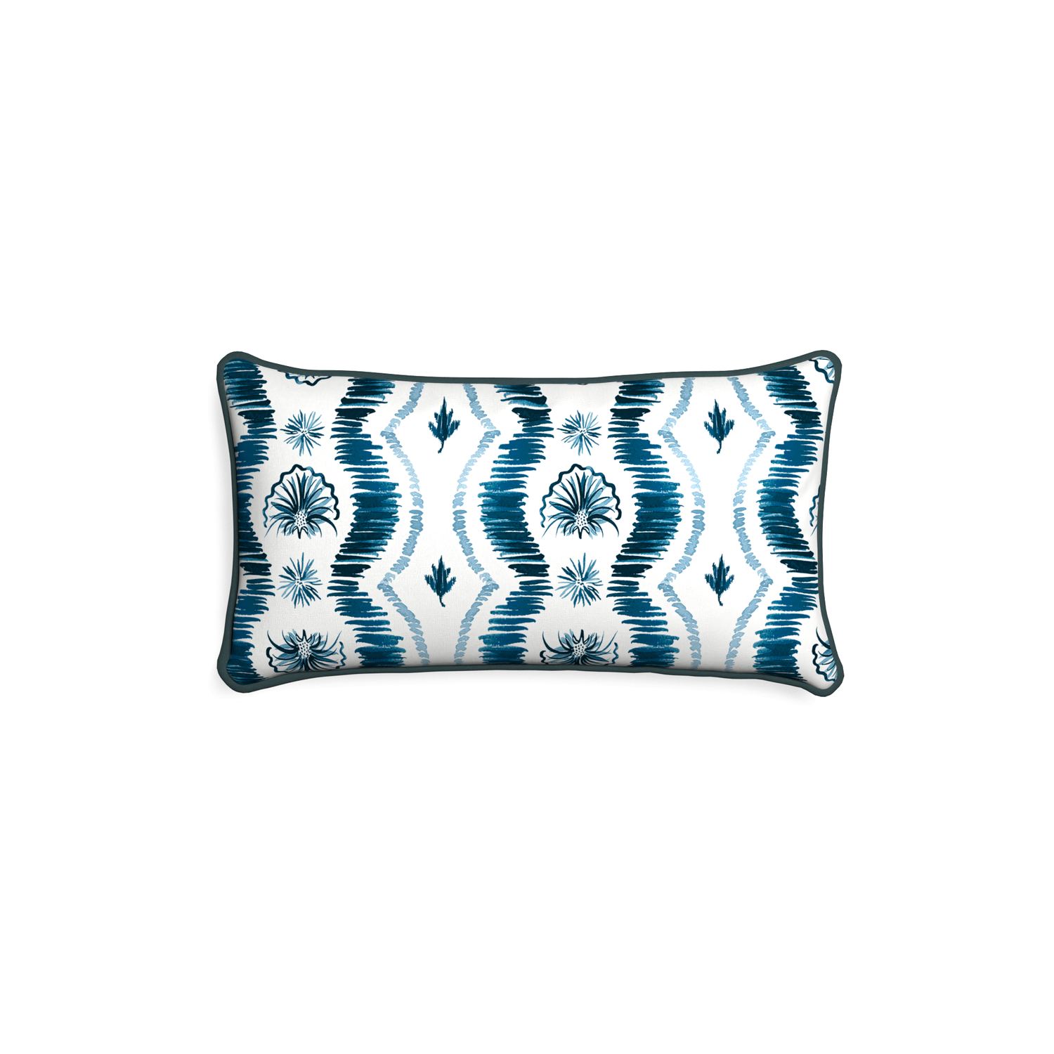 Petite-lumbar alice custom blue ikatpillow with p piping on white background