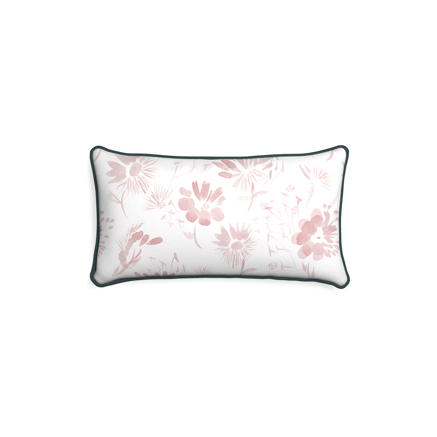 Petite-lumbar blake custom pink floralpillow with p piping on white background