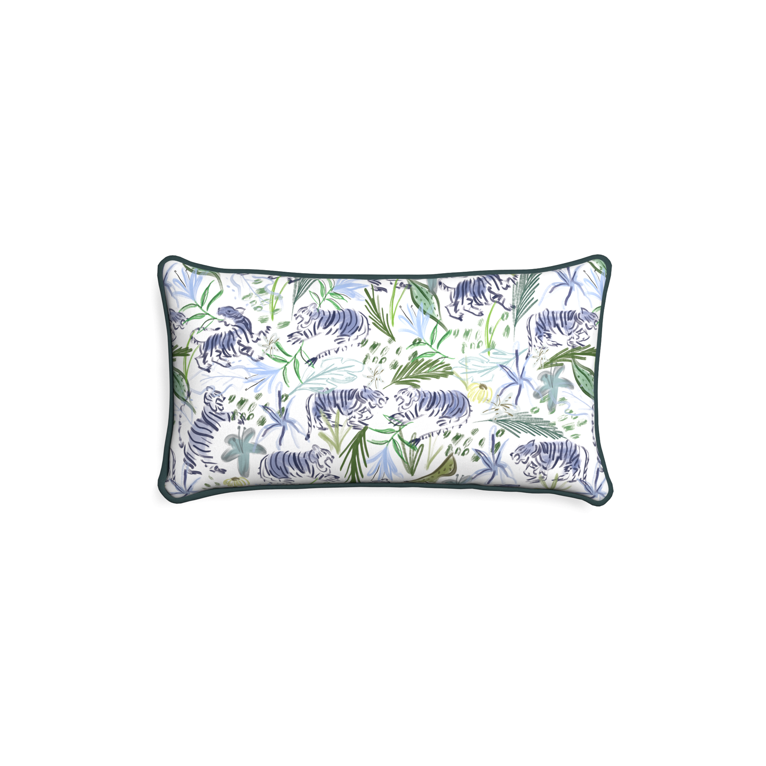 Petite-lumbar frida green custom green tigerpillow with p piping on white background