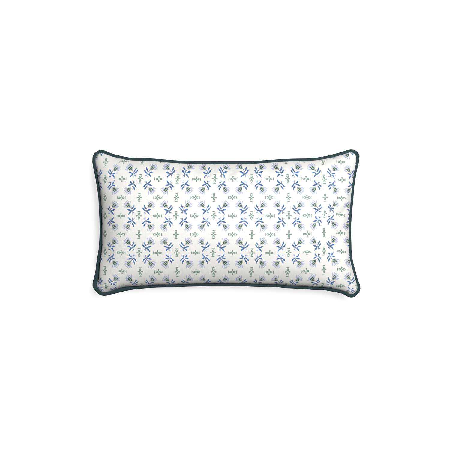 Petite-lumbar lee custom blue & green floralpillow with p piping on white background