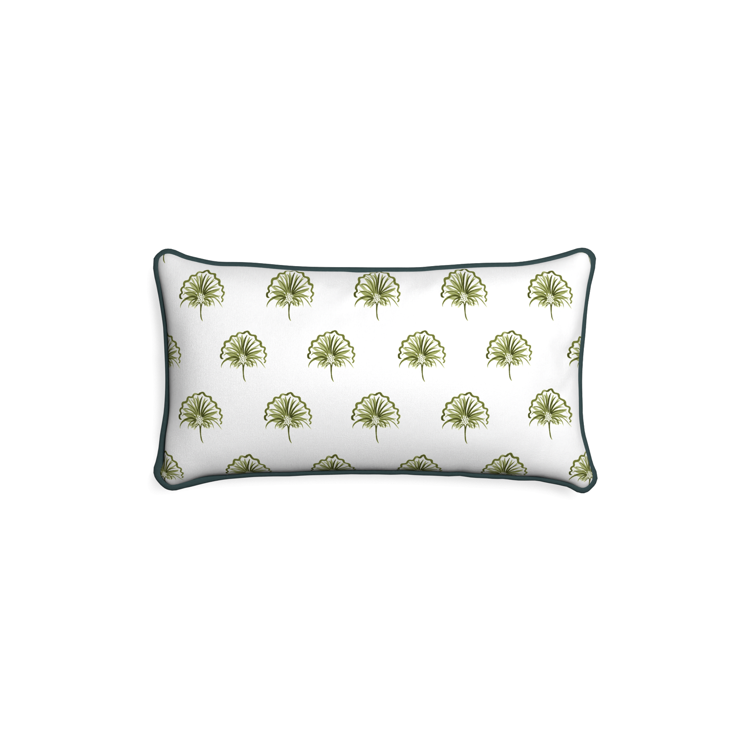 Petite-lumbar penelope moss custom green floralpillow with p piping on white background