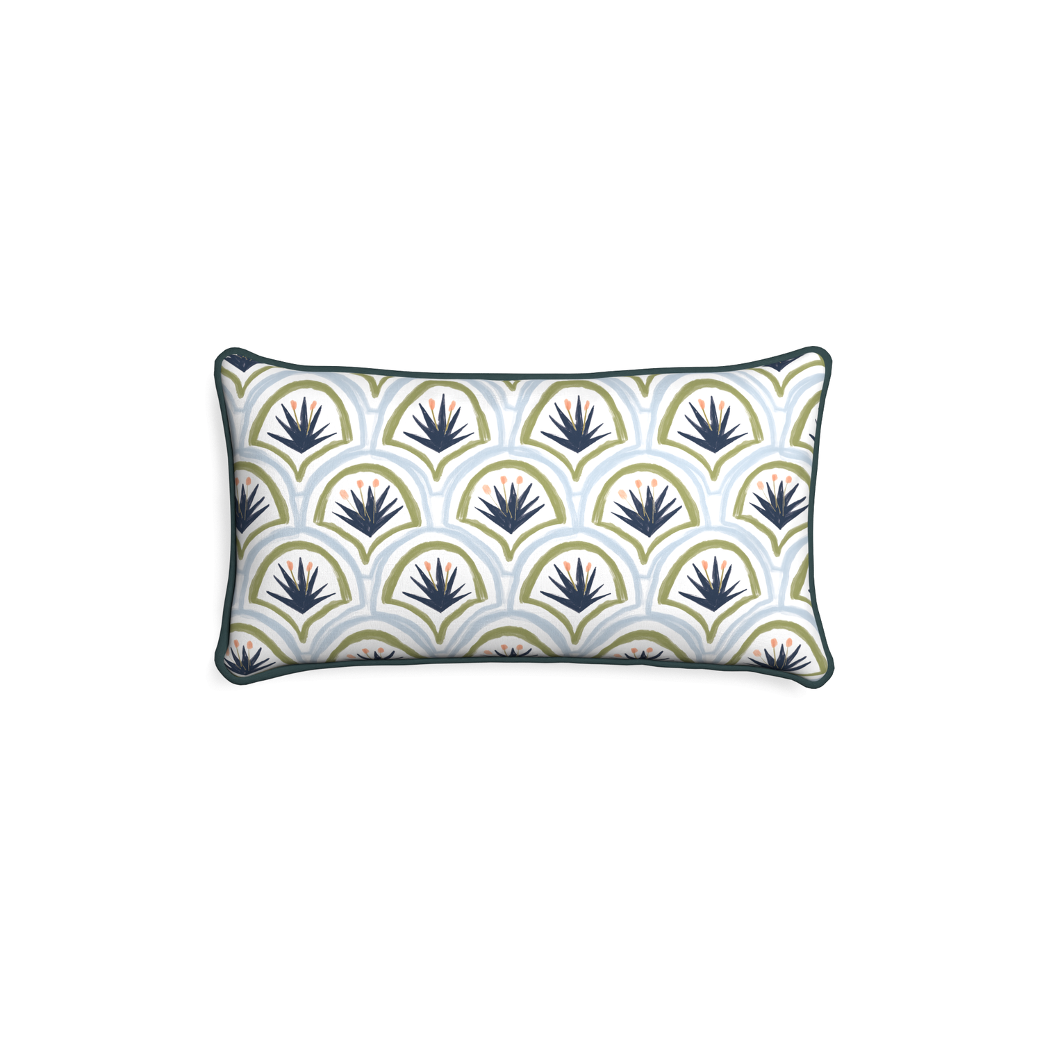Petite-lumbar thatcher midnight custom art deco palm patternpillow with p piping on white background