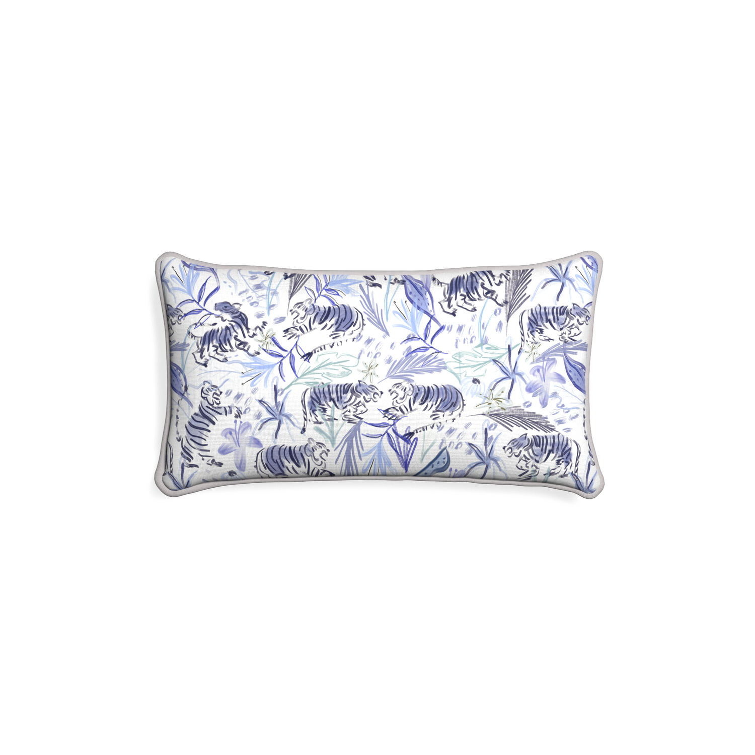Petite-lumbar frida blue custom blue with intricate tiger designpillow with pebble piping on white background