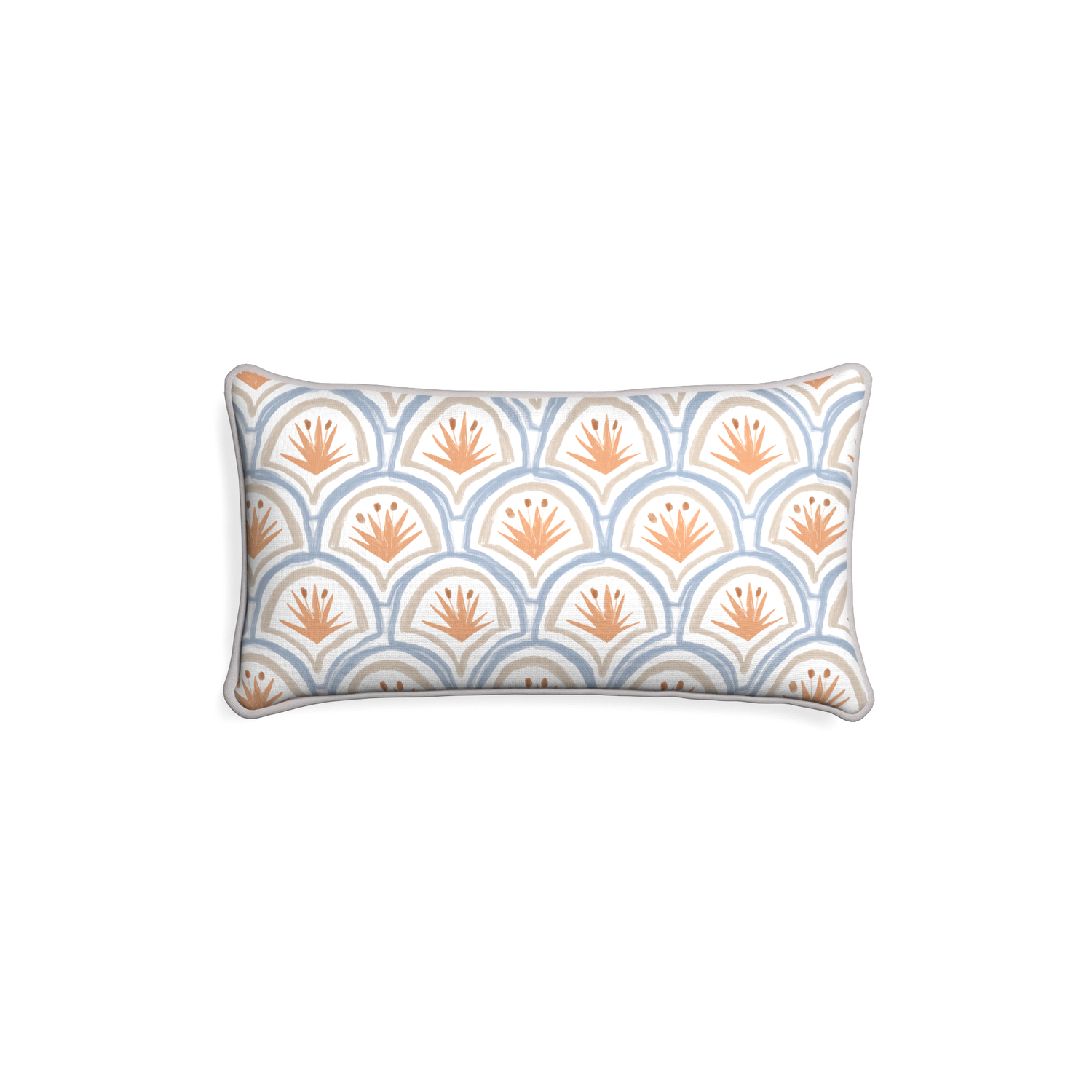 Petite-lumbar thatcher apricot custom art deco palm patternpillow with pebble piping on white background