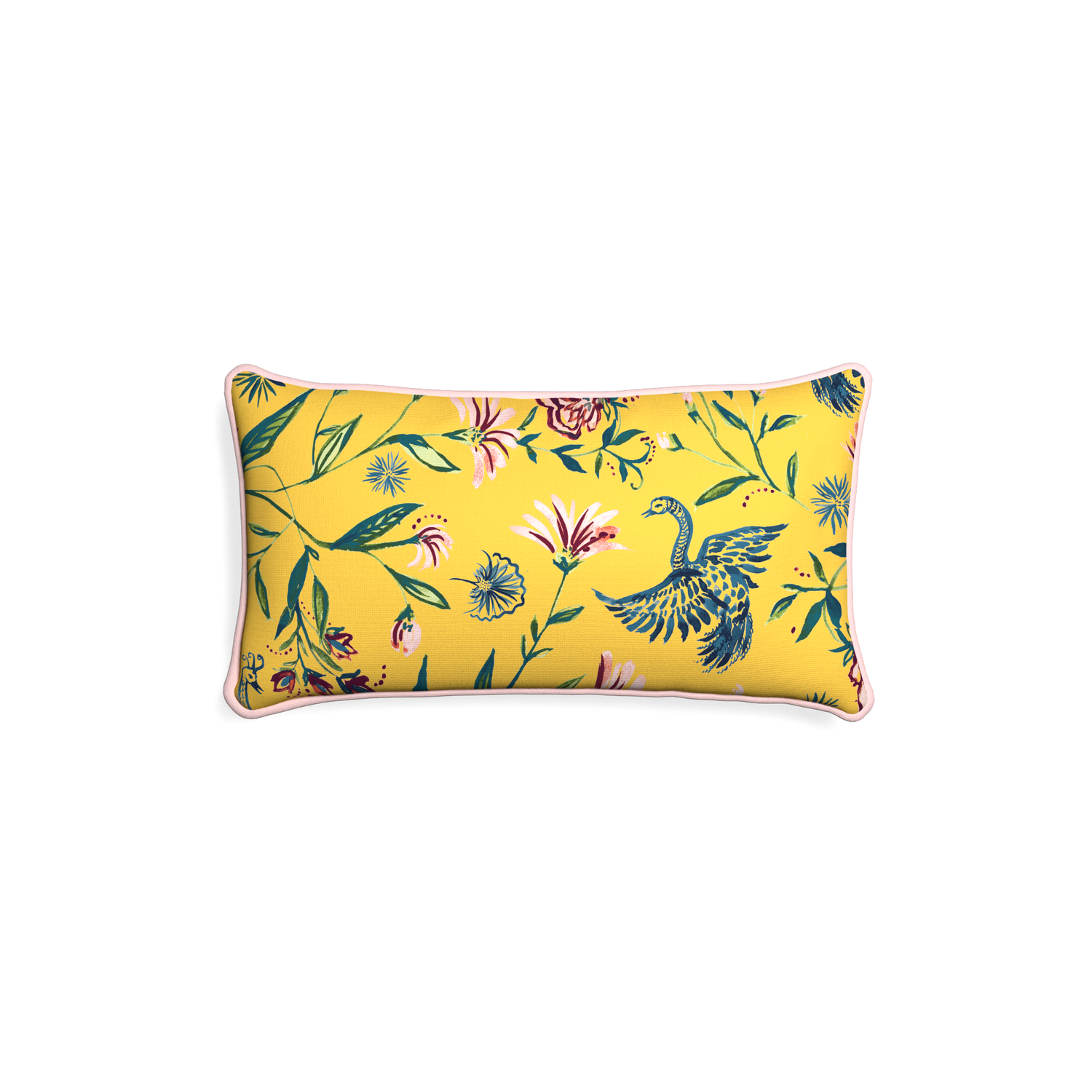 Petite-lumbar daphne canary custom yellow chinoiseriepillow with petal piping on white background