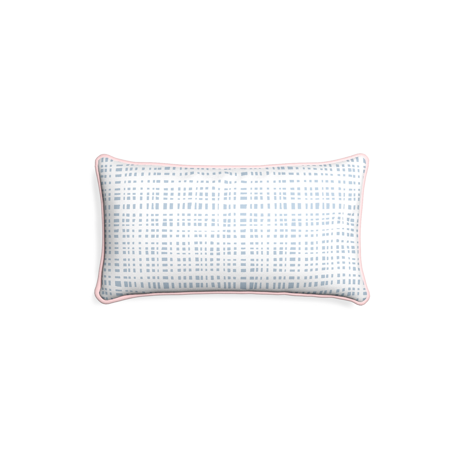 Petite-lumbar ginger custom plaid sky bluepillow with petal piping on white background