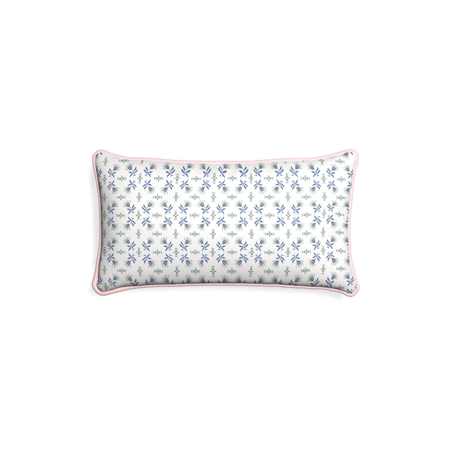 Petite-lumbar lee custom blue & green floralpillow with petal piping on white background