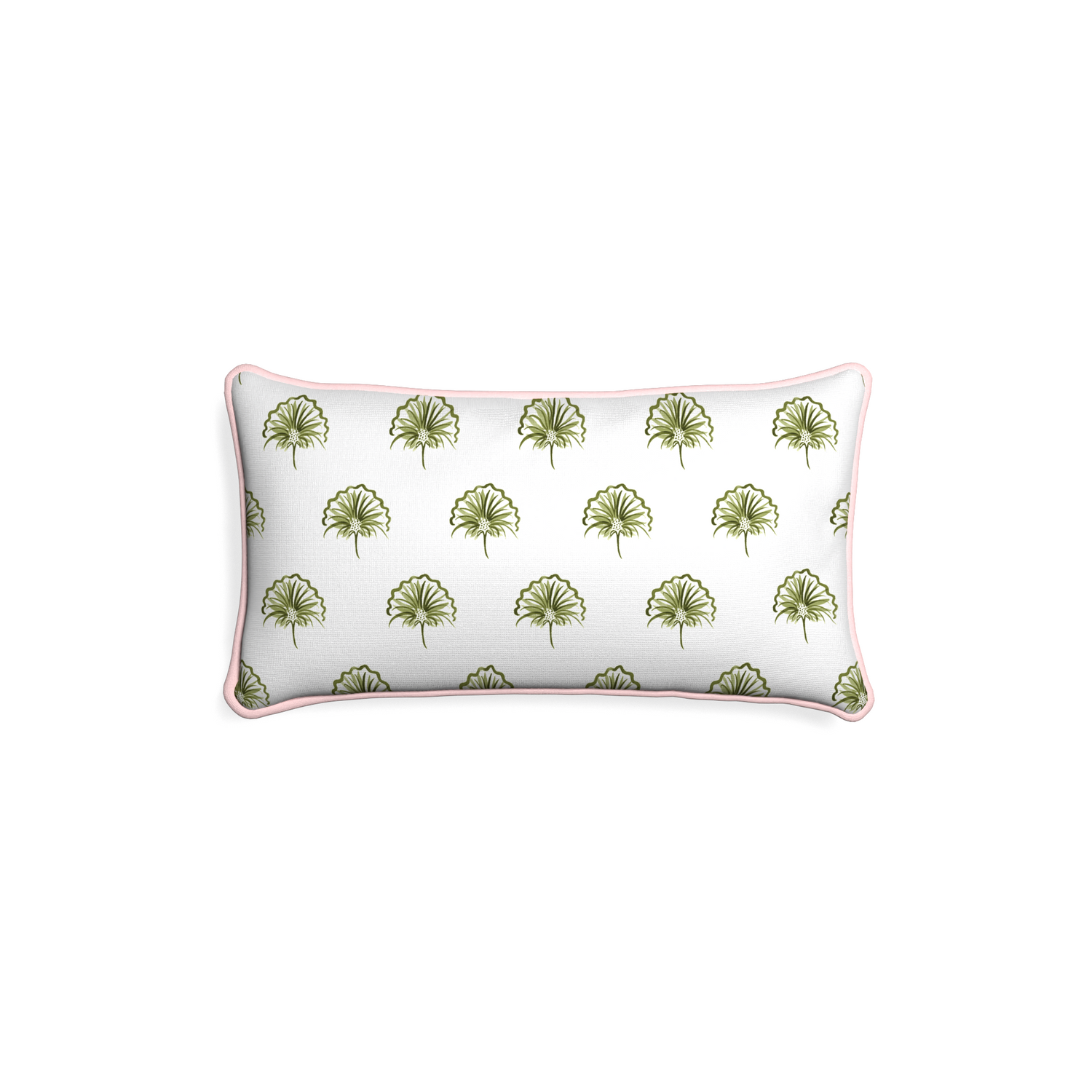 Petite-lumbar penelope moss custom green floralpillow with petal piping on white background