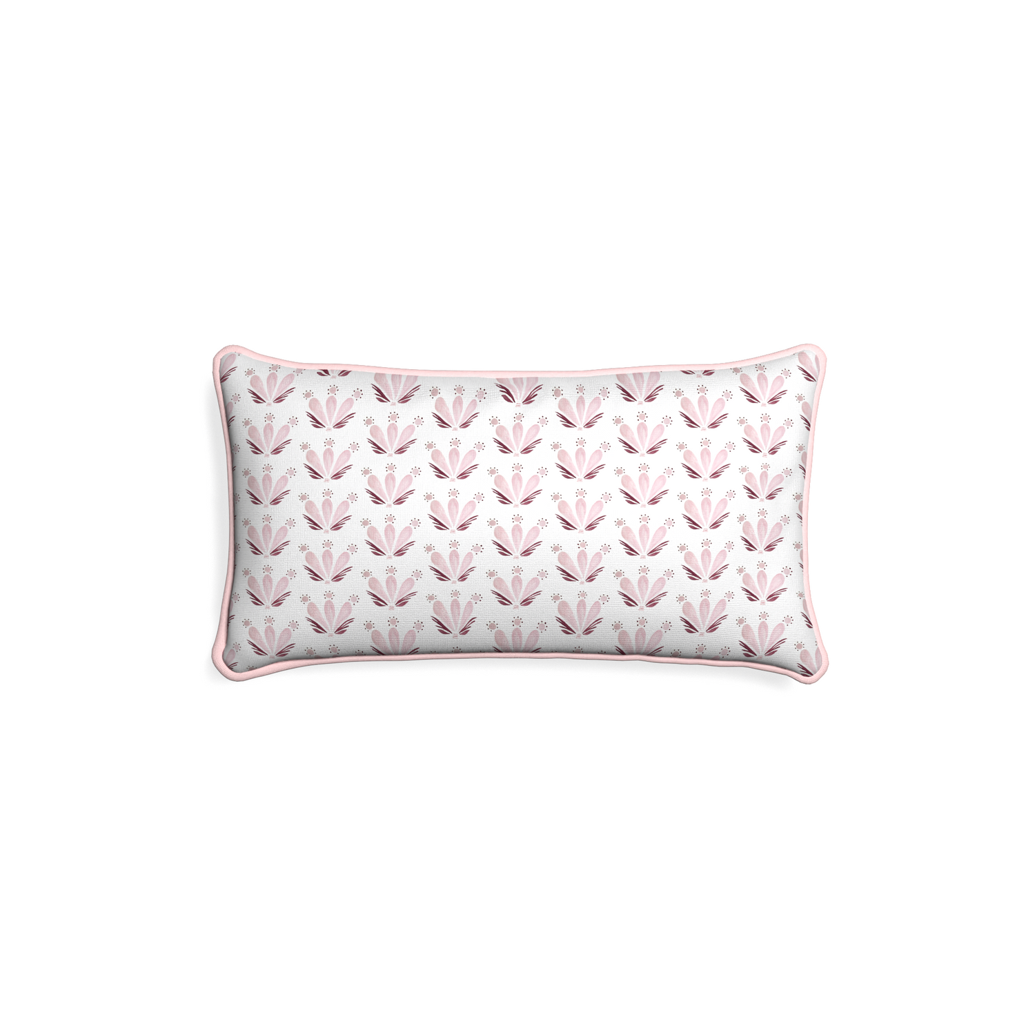 Petite-lumbar serena pink custom pink & burgundy drop repeat floralpillow with petal piping on white background