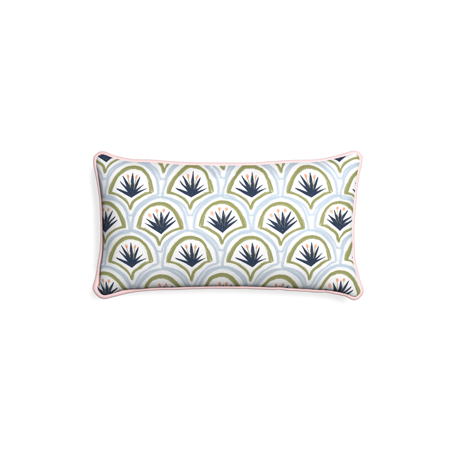 Petite-lumbar thatcher midnight custom art deco palm patternpillow with petal piping on white background