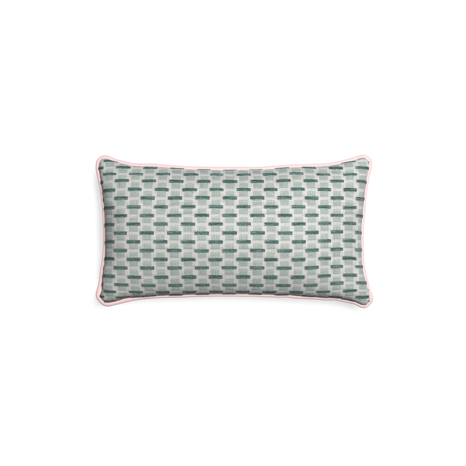 Petite-lumbar willow mint custom green geometric chenillepillow with petal piping on white background