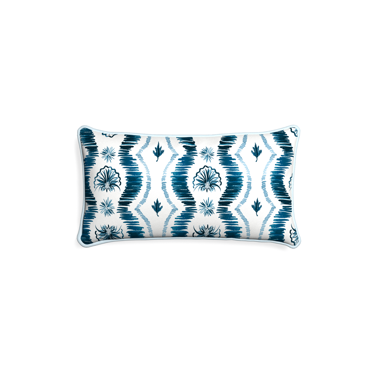 Petite-lumbar alice custom blue ikatpillow with powder piping on white background