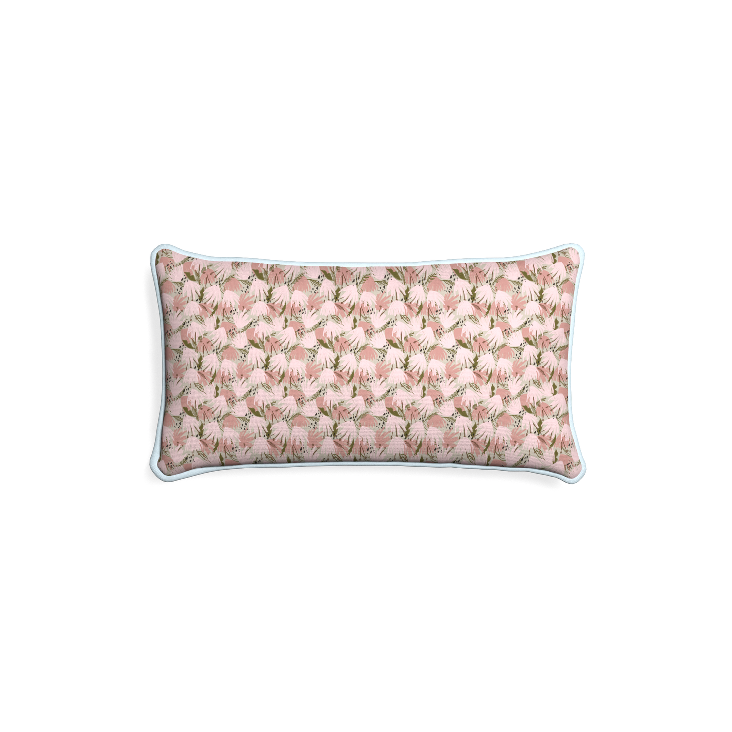 Petite-lumbar eden pink custom pink floralpillow with powder piping on white background