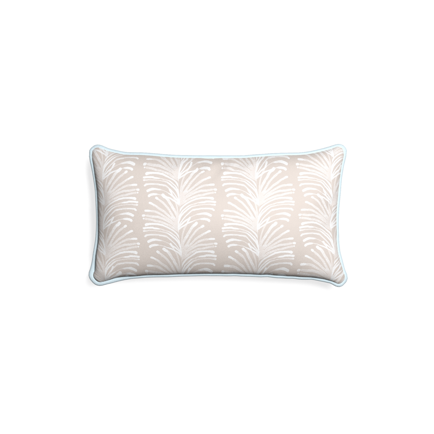 Petite-lumbar emma sand custom sand colored botanical stripepillow with powder piping on white background