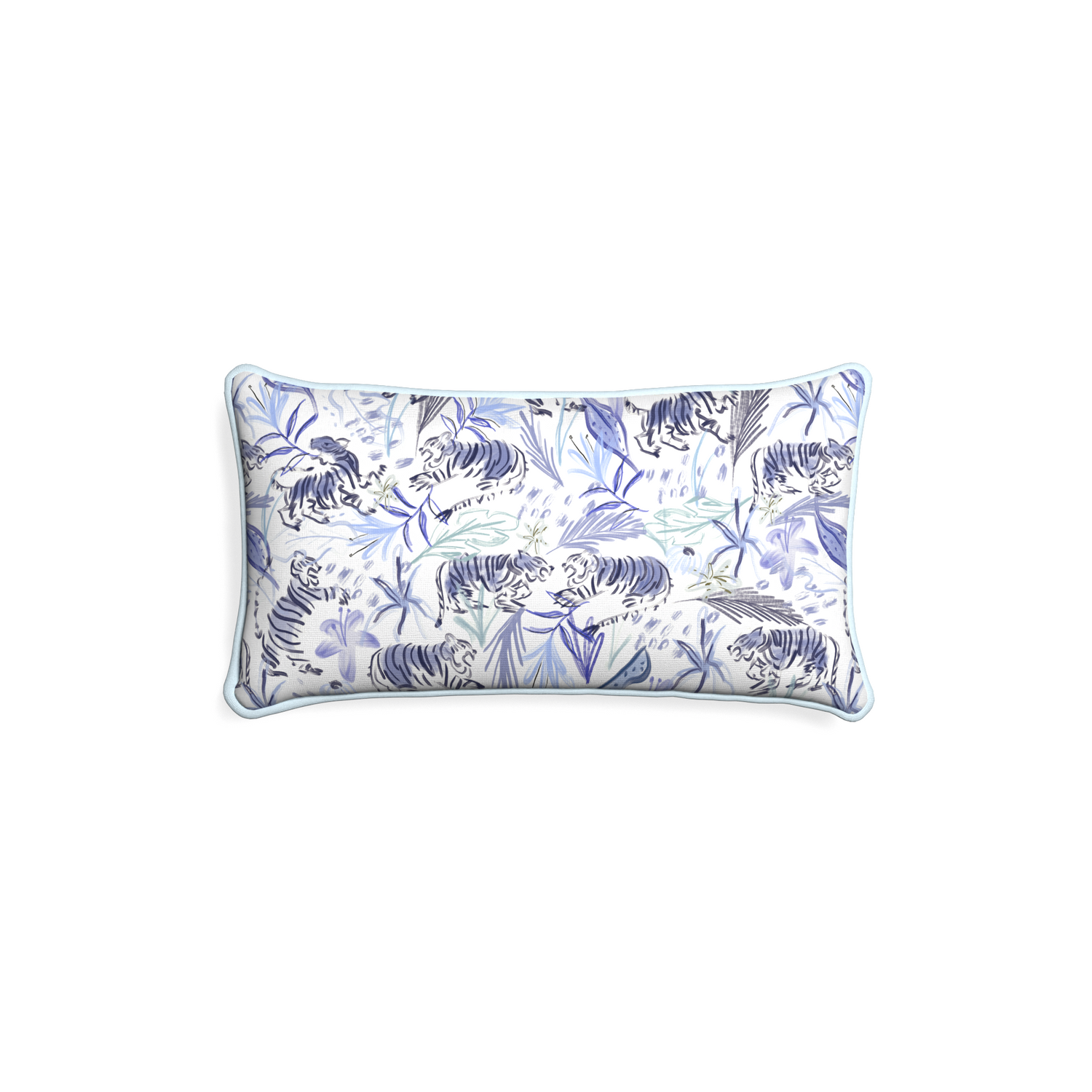 Petite-lumbar frida blue custom blue with intricate tiger designpillow with powder piping on white background